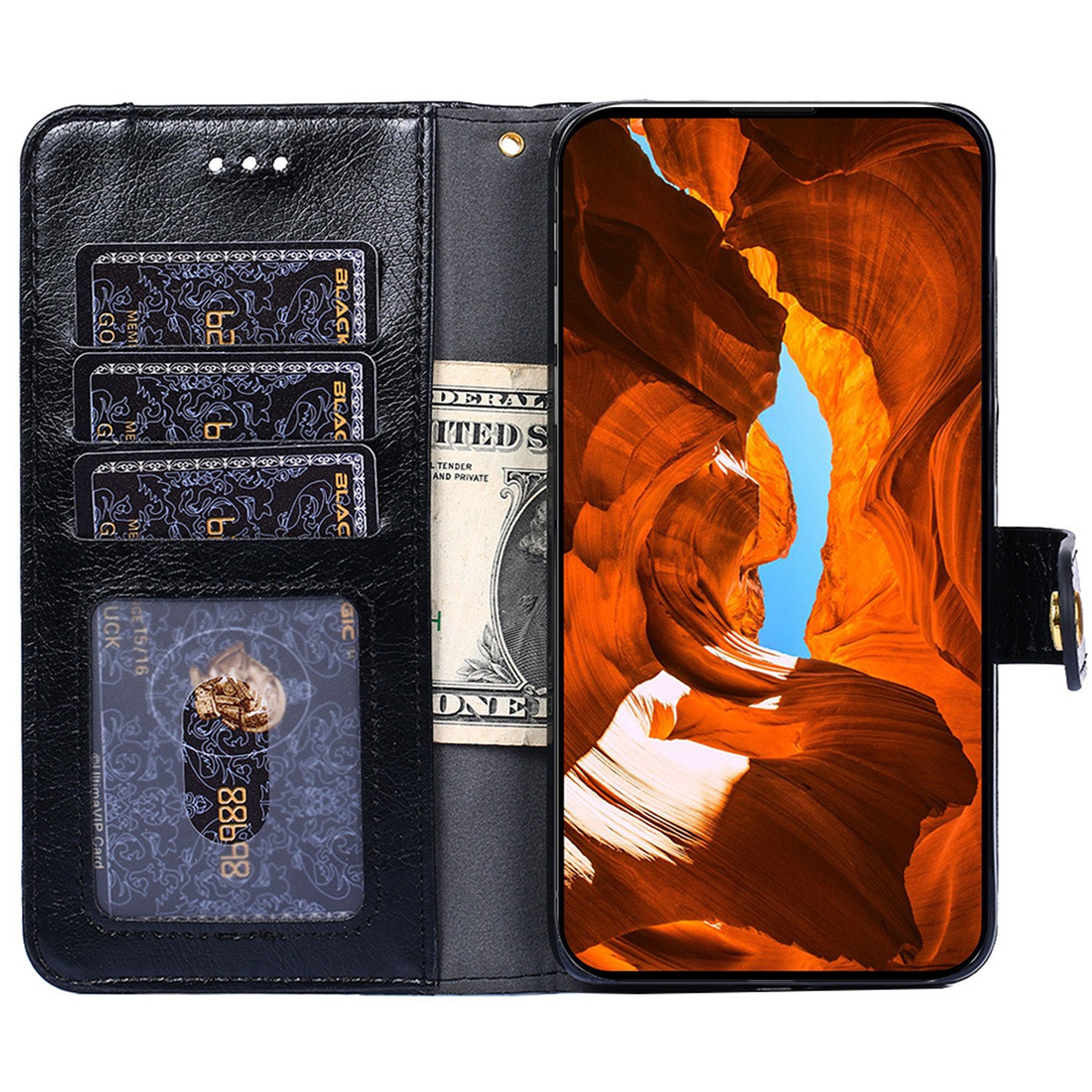 Zipper Pocket Wallet Phone Cover for iPhone 15 Pro , Stand PU Leather Case with Strap - Black