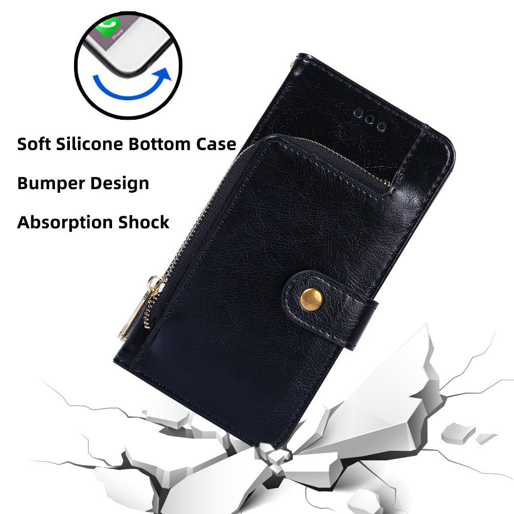 Zipper Pocket Wallet Phone Cover for iPhone 15 Pro , Stand PU Leather Case with Strap - Black