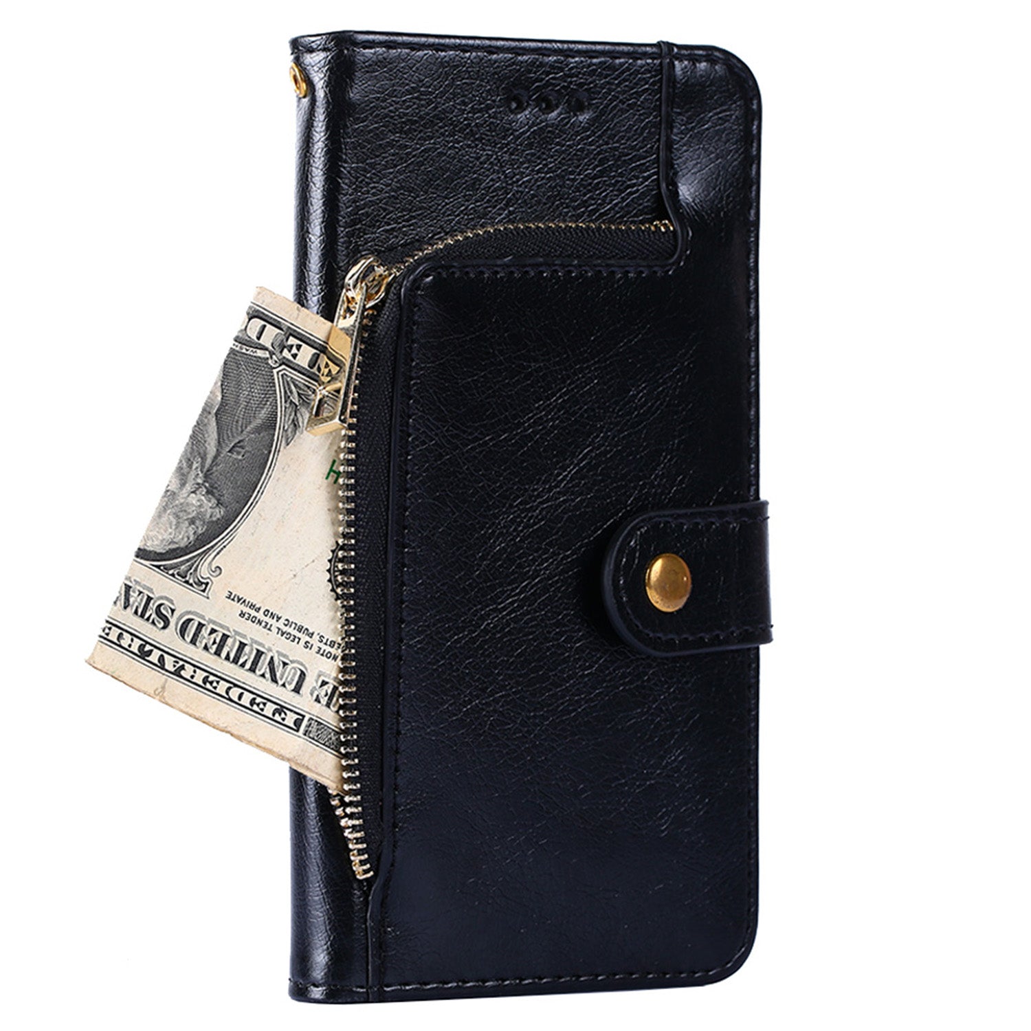 Zipper Pocket Wallet Phone Cover for iPhone 15 Pro , Stand PU Leather Case with Strap - Black