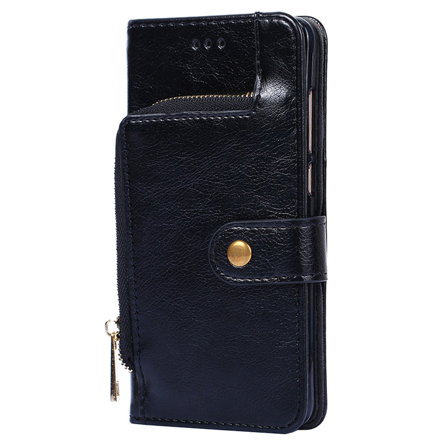 Zipper Pocket Wallet Phone Cover for iPhone 15 Pro , Stand PU Leather Case with Strap - Black