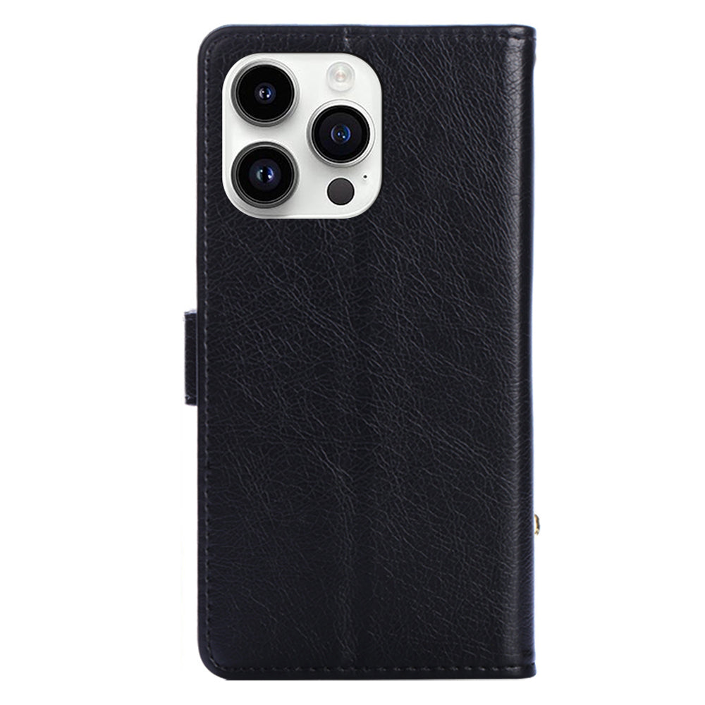 Zipper Pocket Wallet Phone Cover for iPhone 15 Pro , Stand PU Leather Case with Strap - Black