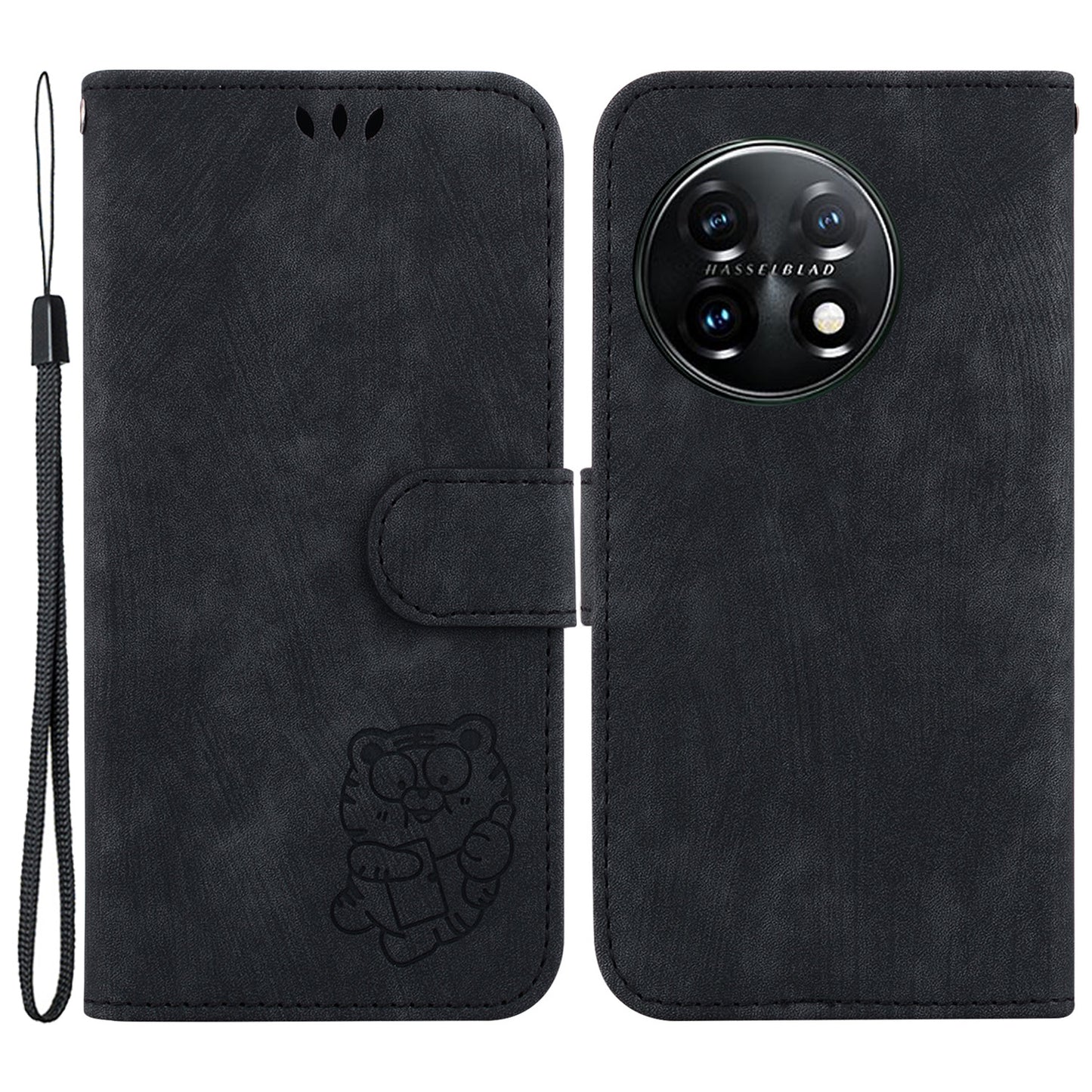 For OnePlus 11 5G PU Leather Folio Flip Case Tiger Pattern Imprinted Stand Wallet Phone Cover - Black
