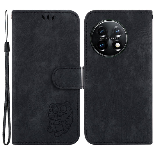 For OnePlus 11 5G PU Leather Folio Flip Case Tiger Pattern Imprinted Stand Wallet Phone Cover - Black