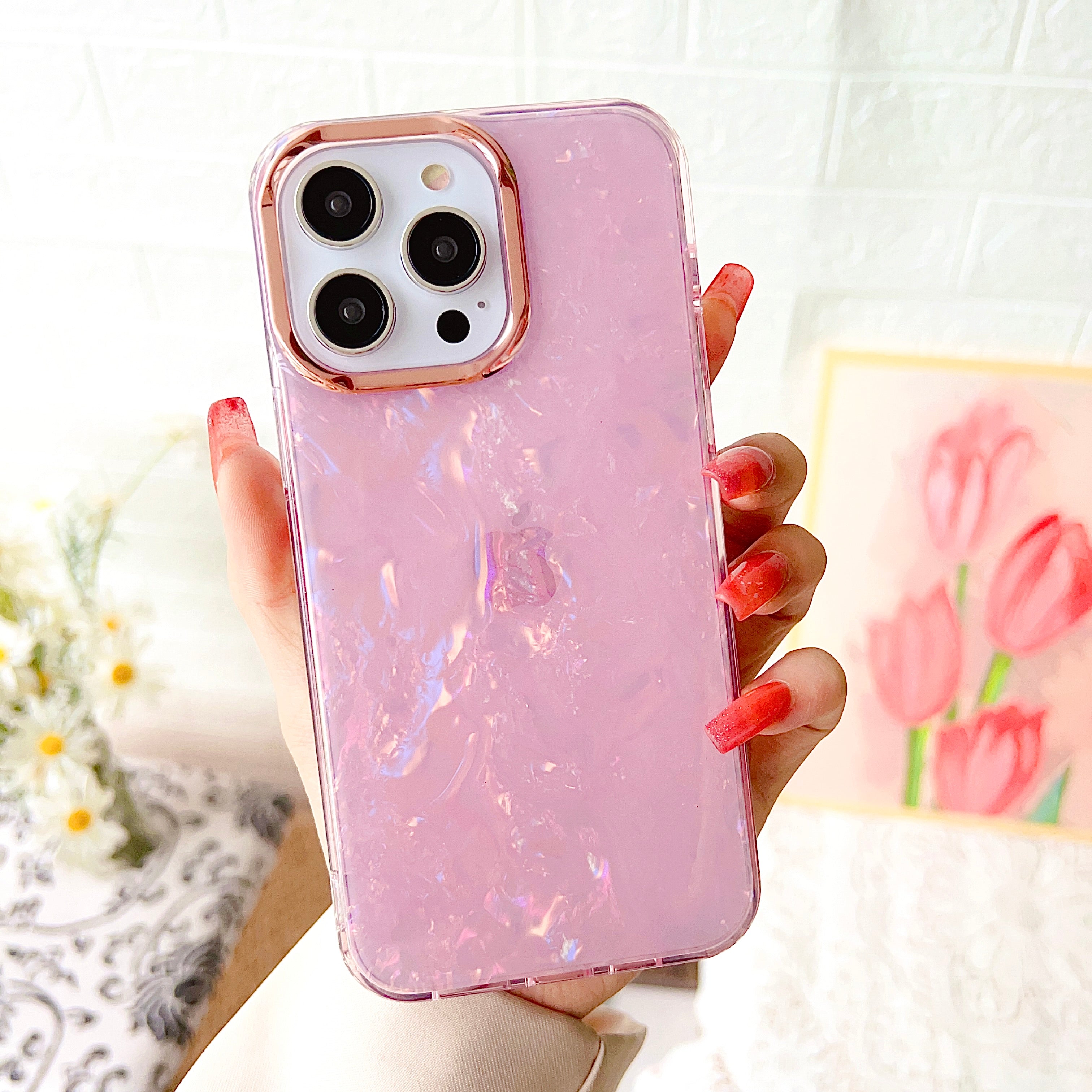 TPU+PC Phone Cover for iPhone 15 Pro Max , IMD Shell Pattern Back Protector Case - Light Pink