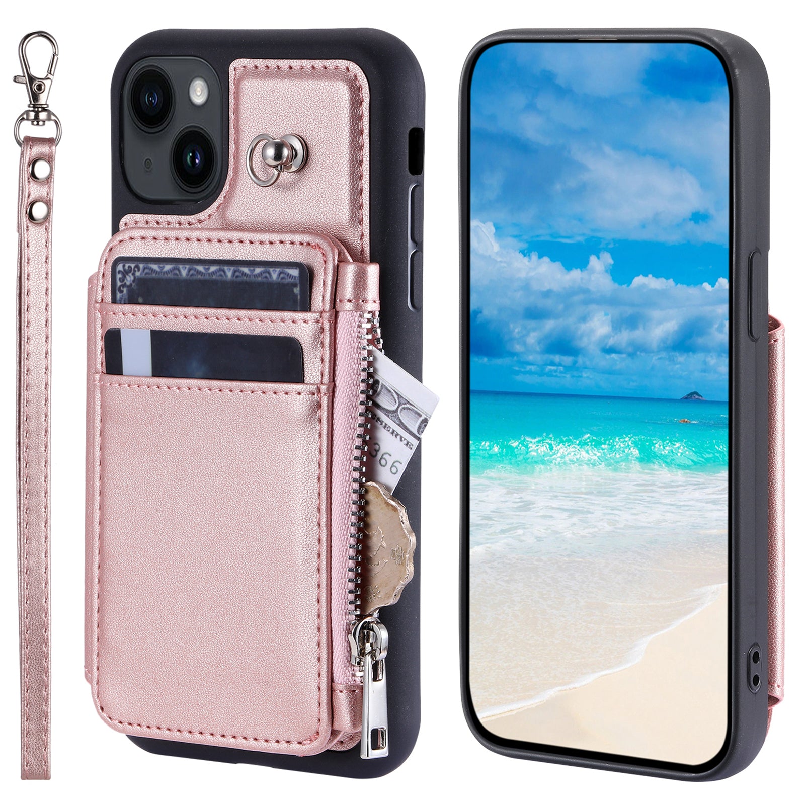 Anti-Scratch Phone Case for iPhone 15, Wallet RFID Blocking PU+TPU Cover Kickstand Zipper Shell with Strap - Rose Gold
