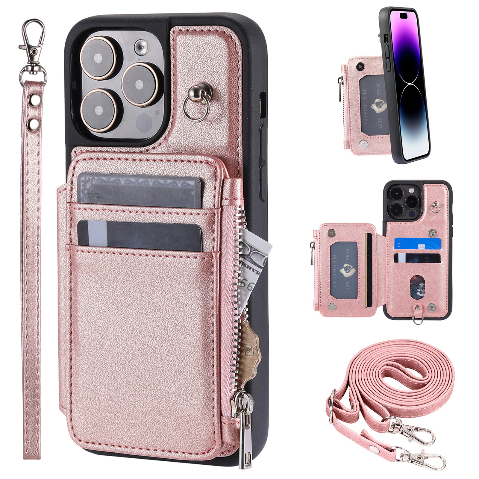 Zipper Wallet Phone Case for iPhone 15 Pro Kickstand Phone Cover RFID Blocking PU+TPU Case with Straps - Rose Gold