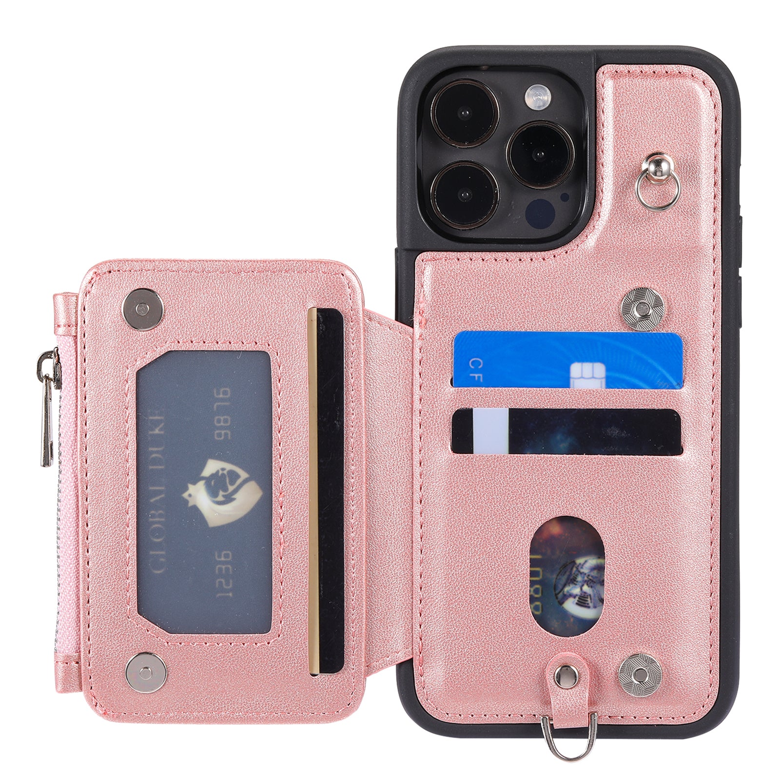 Zipper Wallet Phone Case for iPhone 15 Pro Kickstand Phone Cover RFID Blocking PU+TPU Case with Straps - Rose Gold