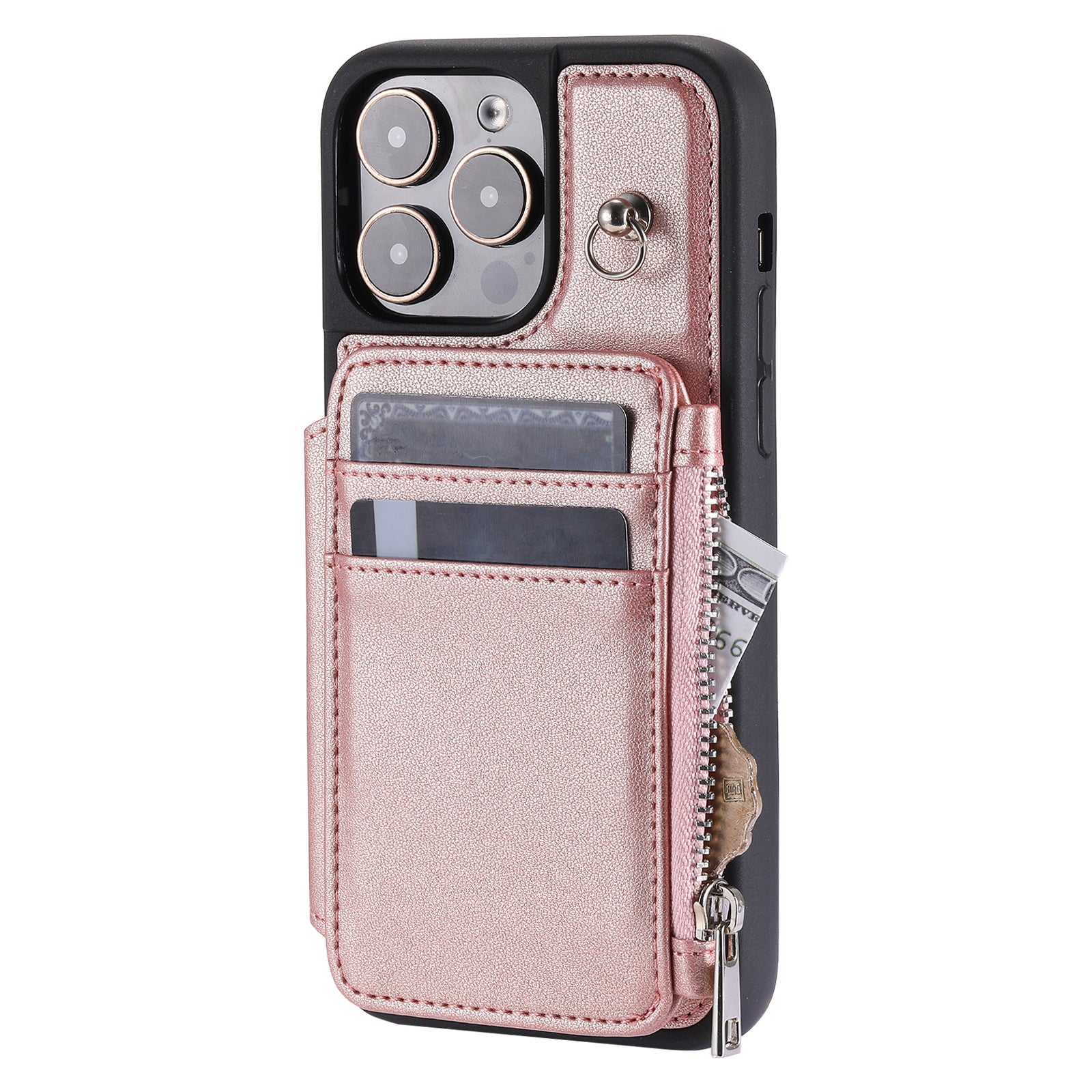 Zipper Wallet Phone Case for iPhone 15 Pro Kickstand Phone Cover RFID Blocking PU+TPU Case with Straps - Rose Gold