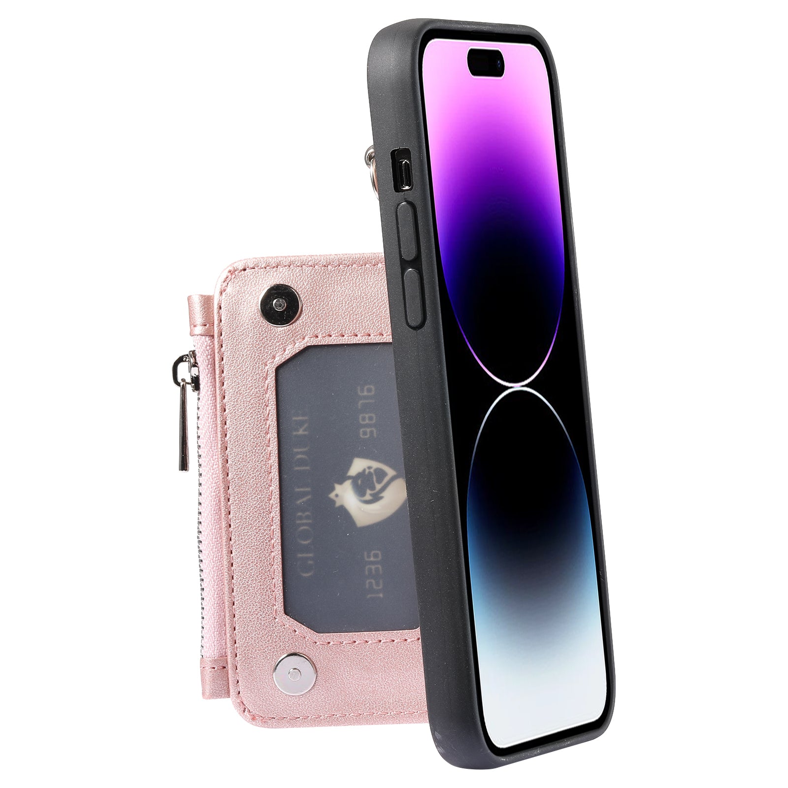 Zipper Wallet Phone Case for iPhone 15 Pro Kickstand Phone Cover RFID Blocking PU+TPU Case with Straps - Rose Gold