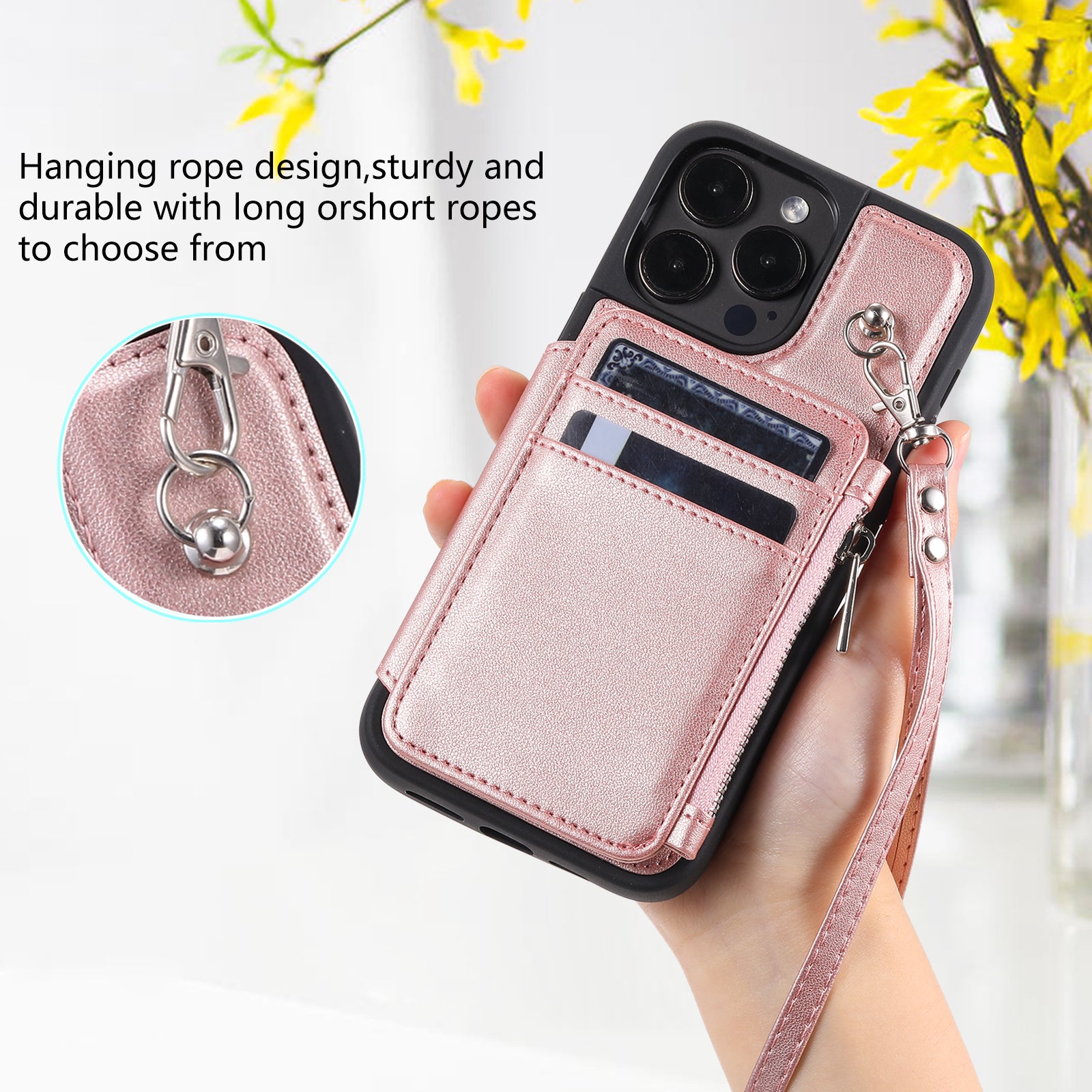 Zipper Wallet Phone Case for iPhone 15 Pro Kickstand Phone Cover RFID Blocking PU+TPU Case with Straps - Rose Gold