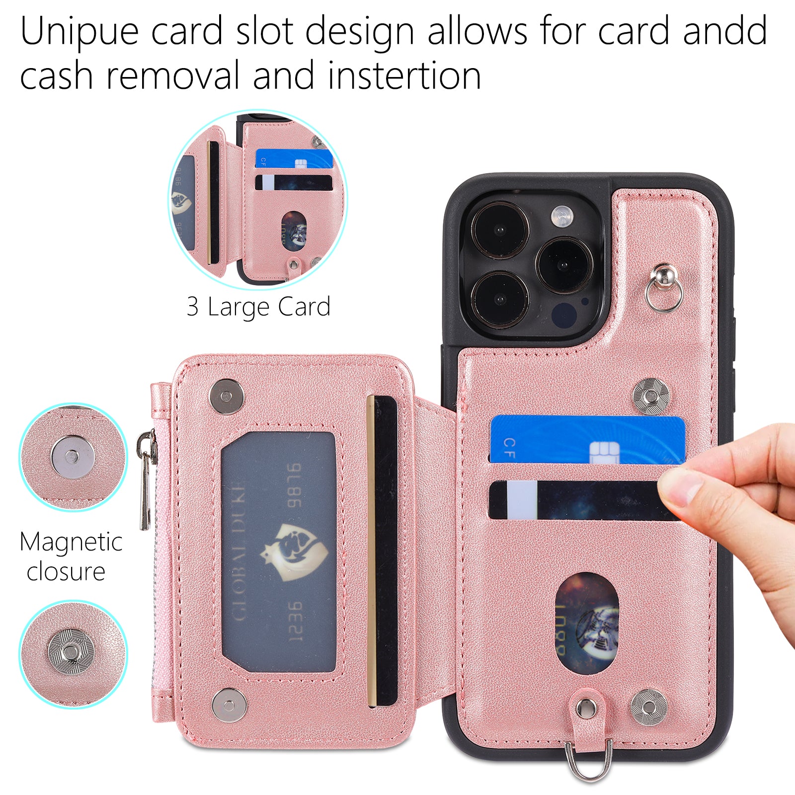 Zipper Wallet Phone Case for iPhone 15 Pro Kickstand Phone Cover RFID Blocking PU+TPU Case with Straps - Rose Gold