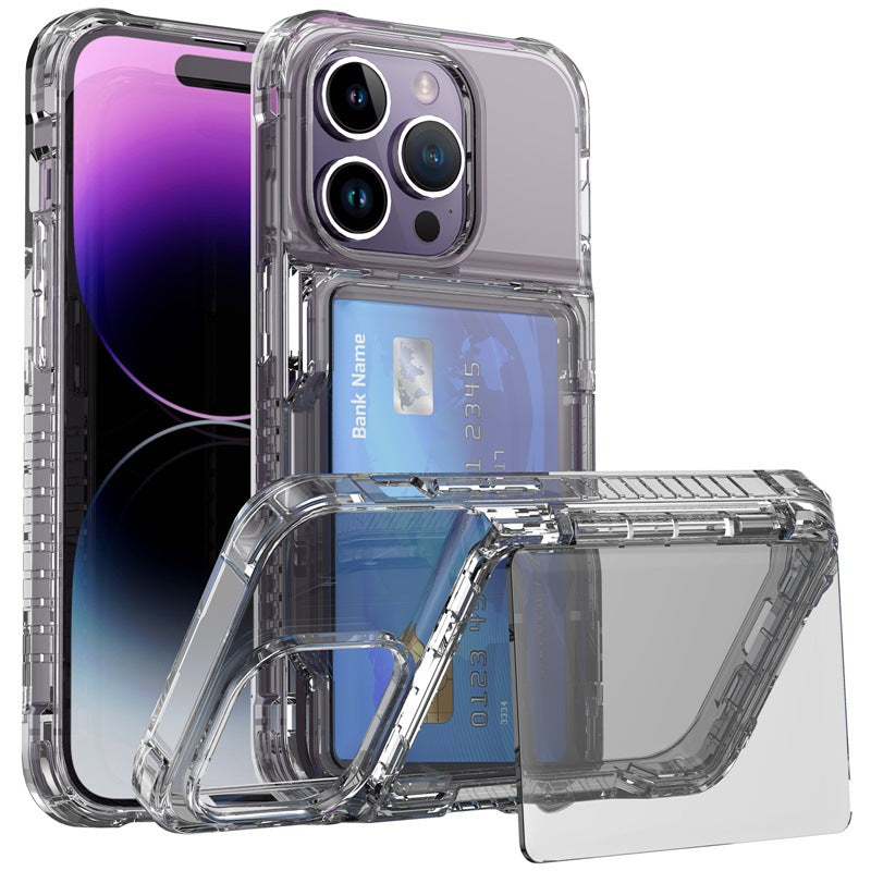 for iPhone 15 Anti-Scratch Phone Cover Clear PC + TPU Phone Case with Kickstand Card Holder - Transparent Black