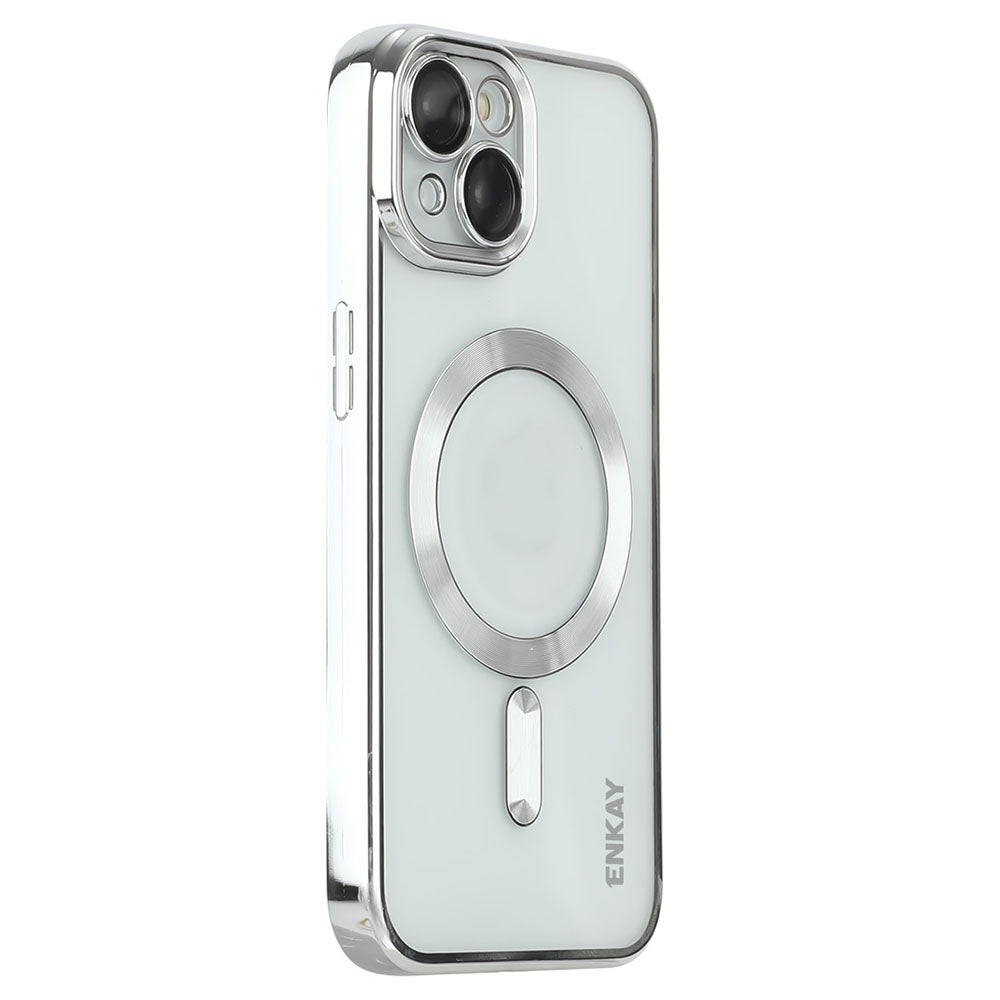 Electroplating TPU Slim Case for iPhone 15 Compatible with MagSafe Lens Guard Anti-Drop Phone Cover - Silver