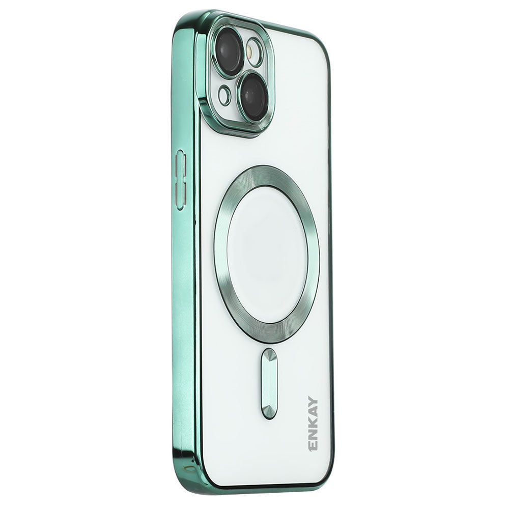 Electroplating TPU Slim Case for iPhone 15 Compatible with MagSafe Lens Guard Anti-Drop Phone Cover - Green