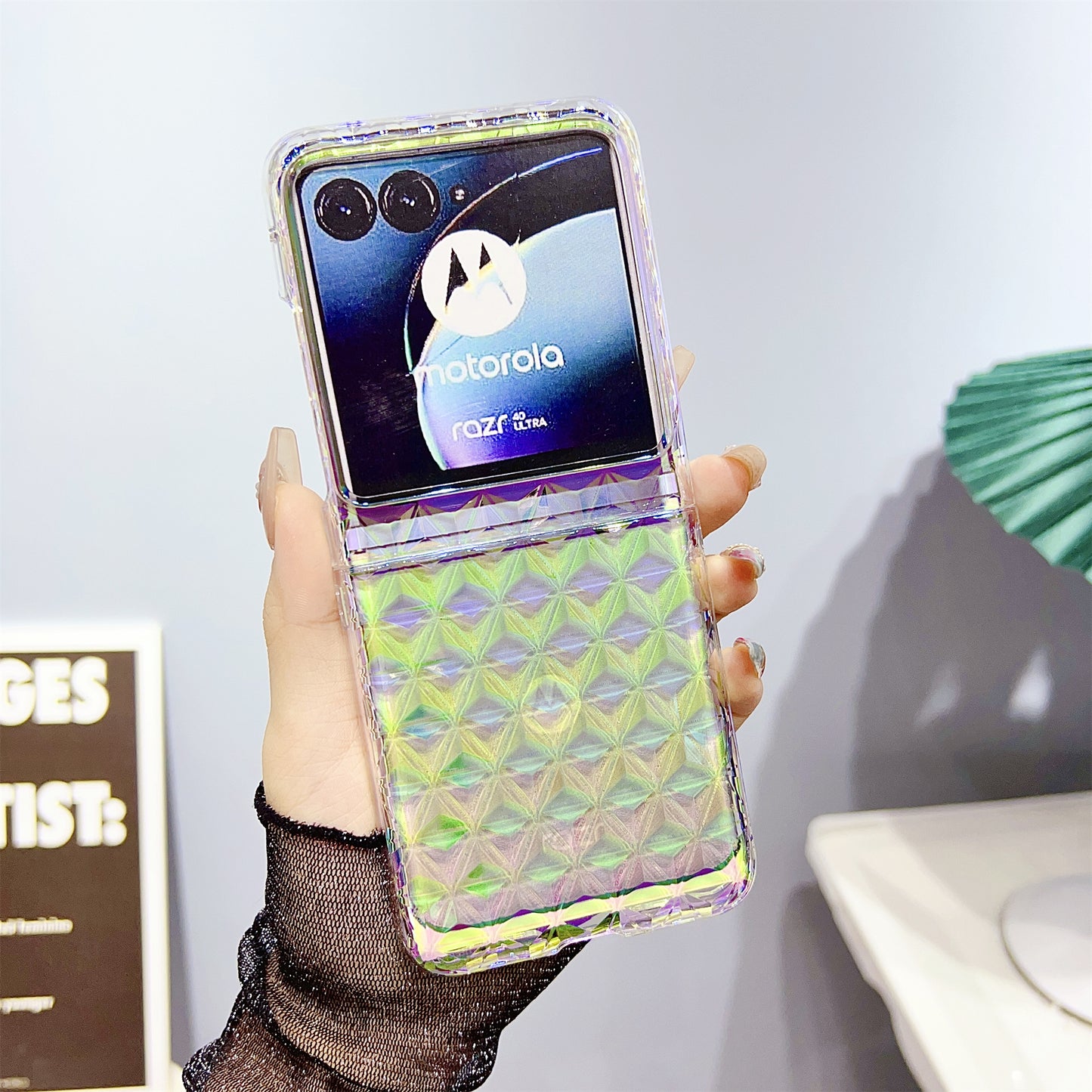 Hard PC Folding Phone Case for Motorola Razr 40 Ultra 5G , Diamond Texture Electroplating Phone Cover - Green