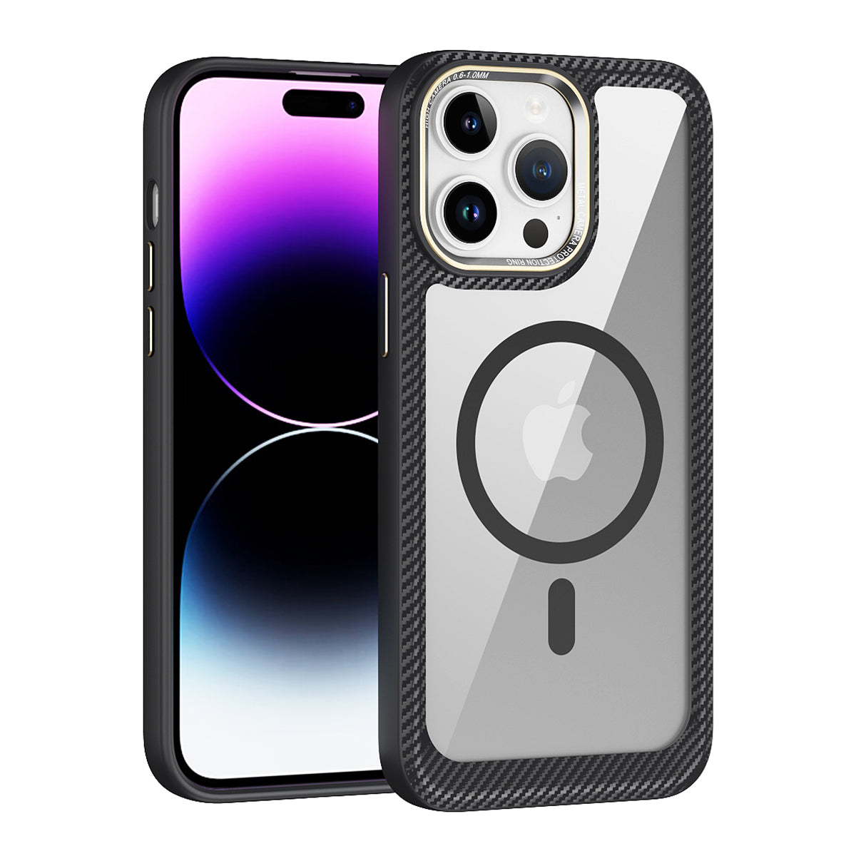 Drop-proof Anti-slip Phone Case for iPhone 15 TPU+PC+Metal Lens Frame Mobile Cover Compatible with MagSafe - Black+Transparent Grey
