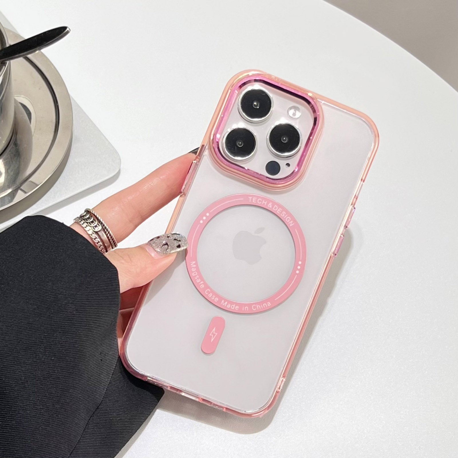 Transparent TPU+PC Phone Case for iPhone 15 Pro Max Drop-proof Phone Back Cover Compatible with MagSafe - Pink