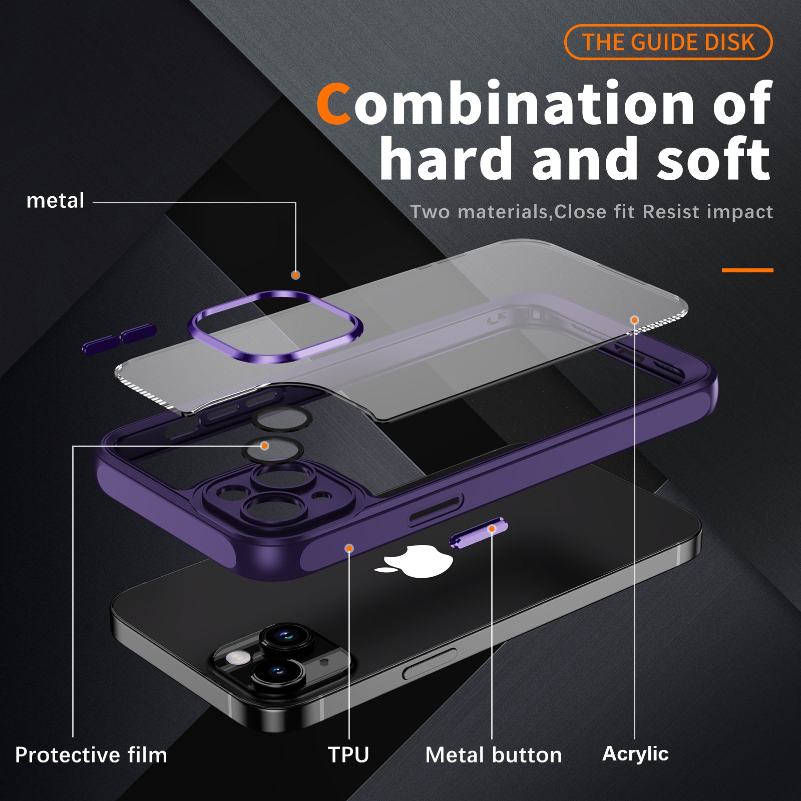 Transparent Phone Case for iPhone 15 Plus , Camera Lens Protector Acrylic+TPU Phone Back Cover - Dark Purple