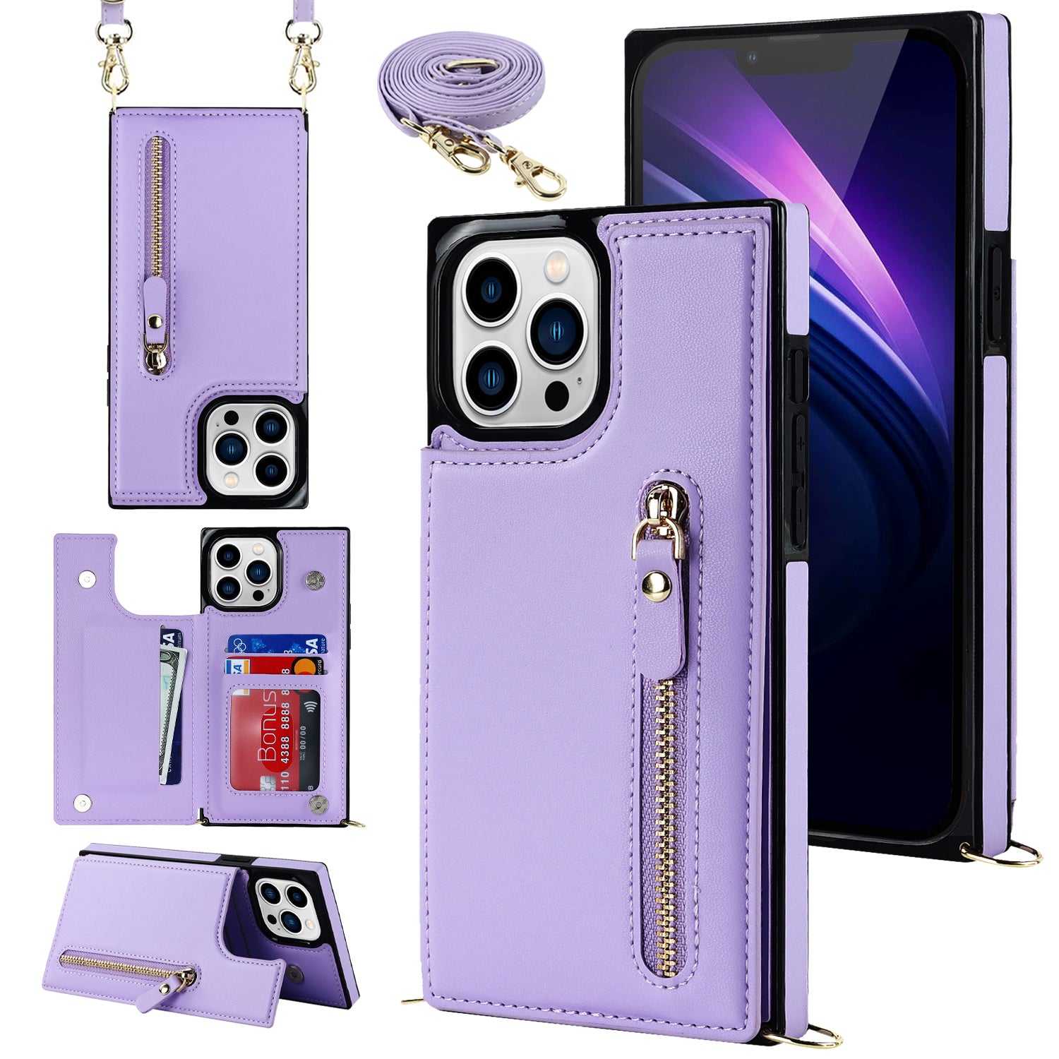TPU+PU Phone Case for iPhone 15 Pro Anti-Scratch Kickstand Wallet Phone Cover with Shoulder Strap - Purple