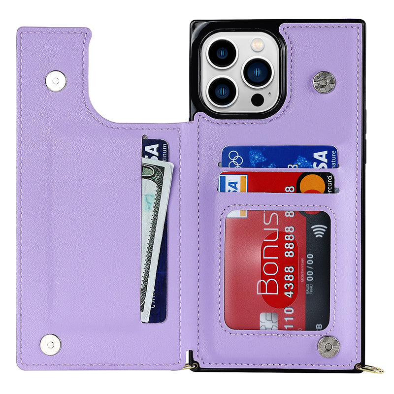 TPU+PU Phone Case for iPhone 15 Pro Anti-Scratch Kickstand Wallet Phone Cover with Shoulder Strap - Purple