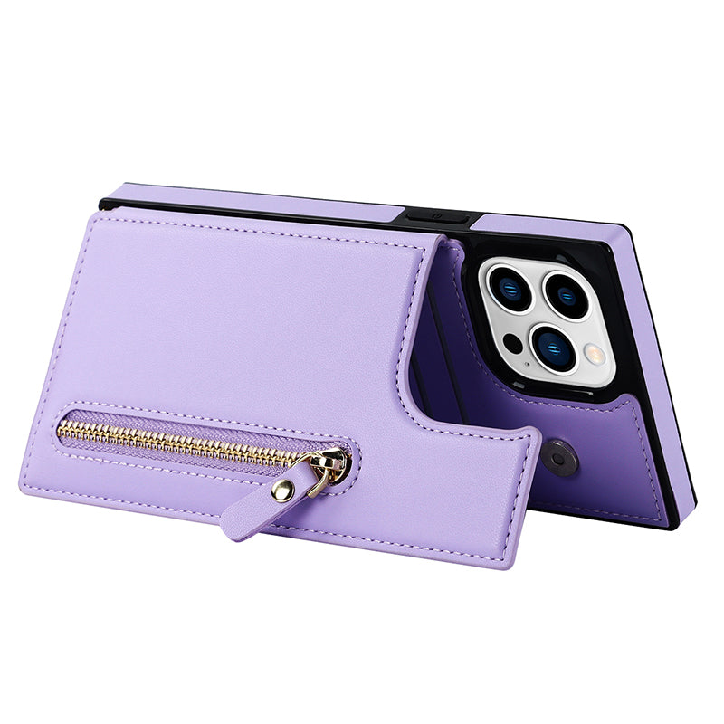 TPU+PU Phone Case for iPhone 15 Pro Anti-Scratch Kickstand Wallet Phone Cover with Shoulder Strap - Purple