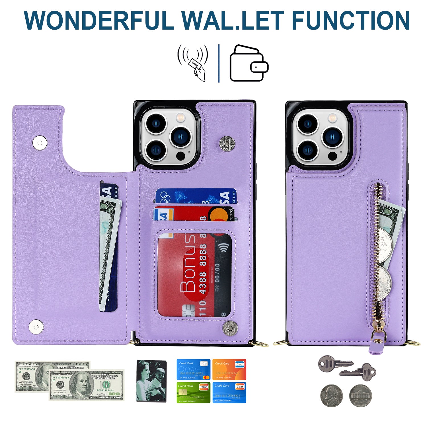 TPU+PU Phone Case for iPhone 15 Pro Anti-Scratch Kickstand Wallet Phone Cover with Shoulder Strap - Purple