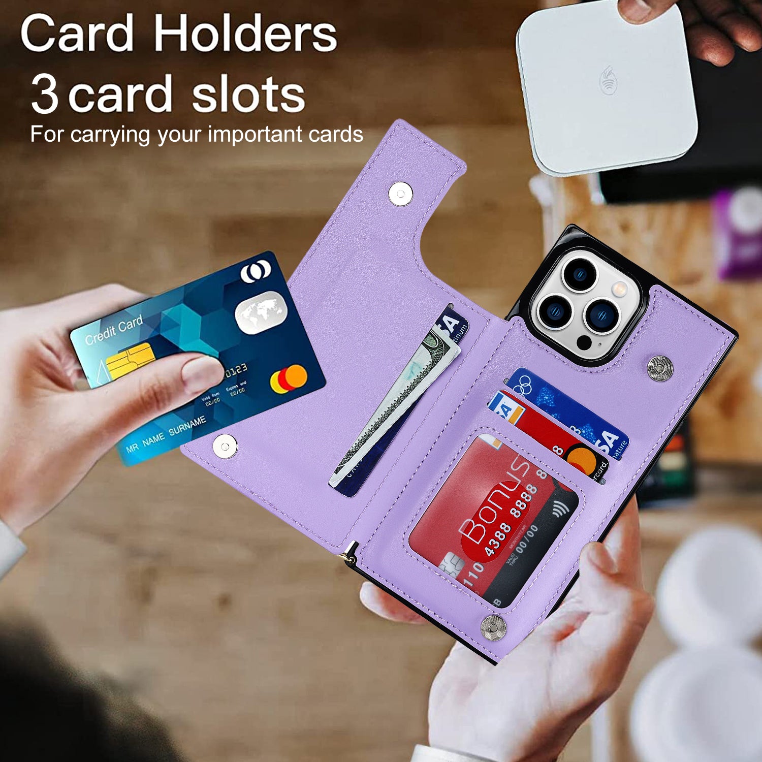 TPU+PU Phone Case for iPhone 15 Pro Anti-Scratch Kickstand Wallet Phone Cover with Shoulder Strap - Purple