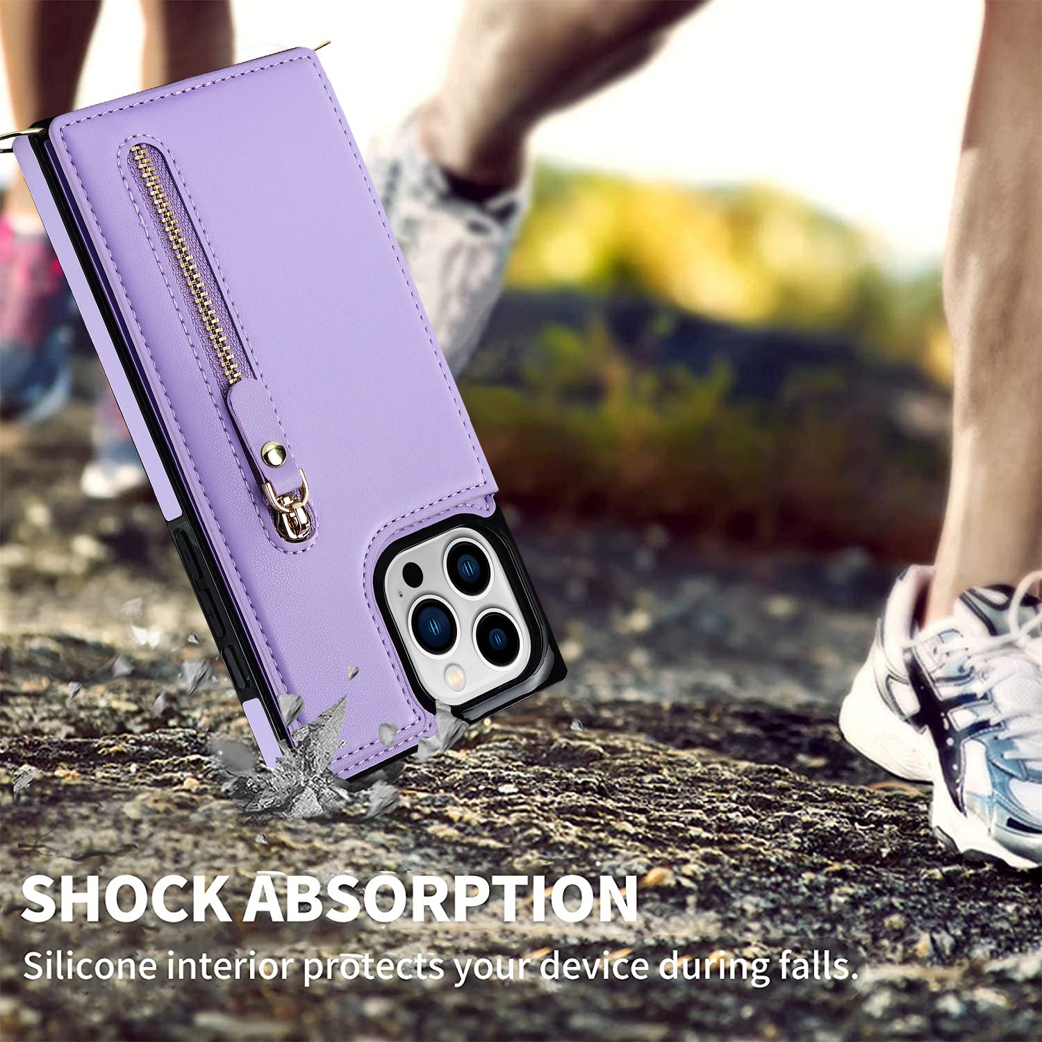 TPU+PU Phone Case for iPhone 15 Pro Anti-Scratch Kickstand Wallet Phone Cover with Shoulder Strap - Purple
