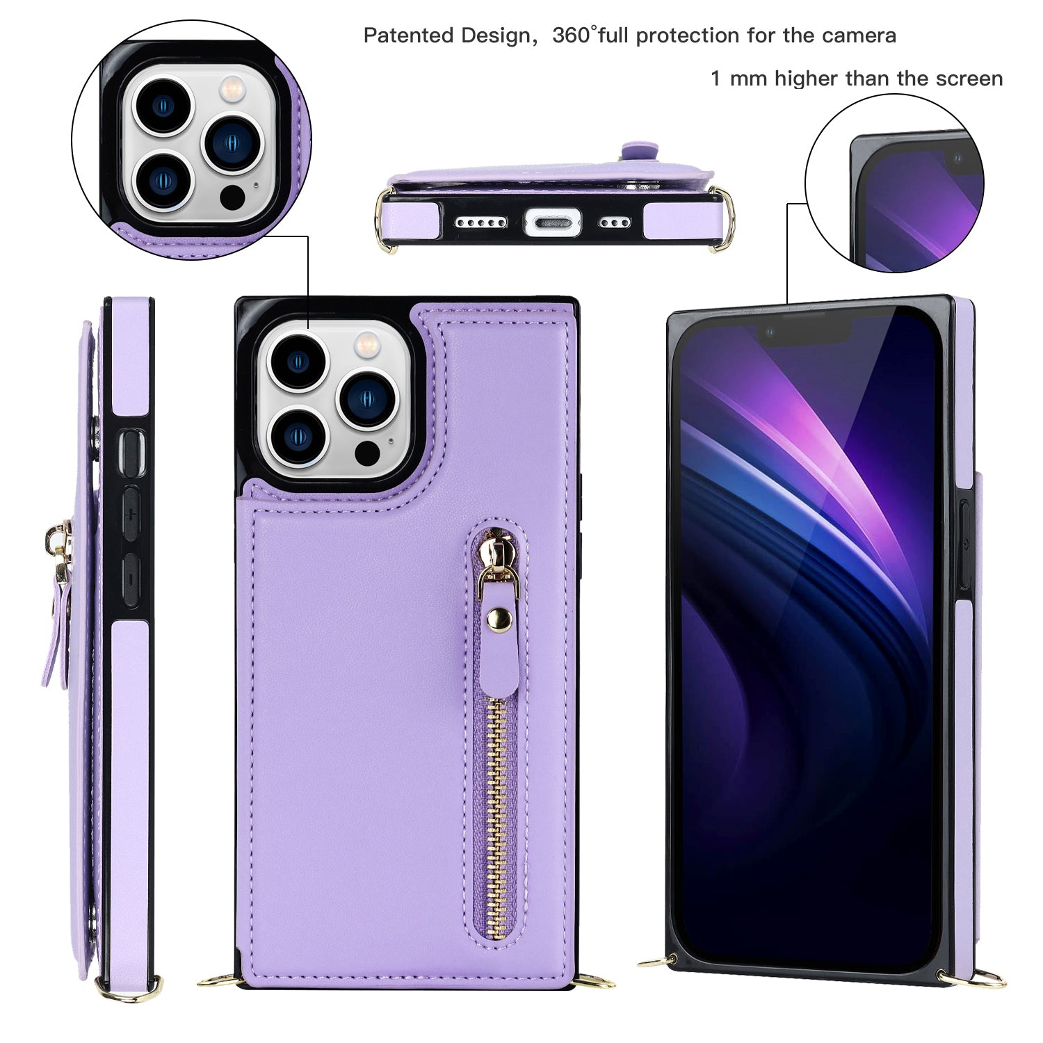 TPU+PU Phone Case for iPhone 15 Pro Anti-Scratch Kickstand Wallet Phone Cover with Shoulder Strap - Purple