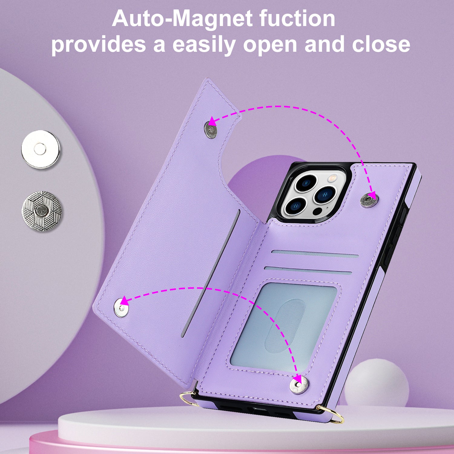 TPU+PU Phone Case for iPhone 15 Pro Anti-Scratch Kickstand Wallet Phone Cover with Shoulder Strap - Purple