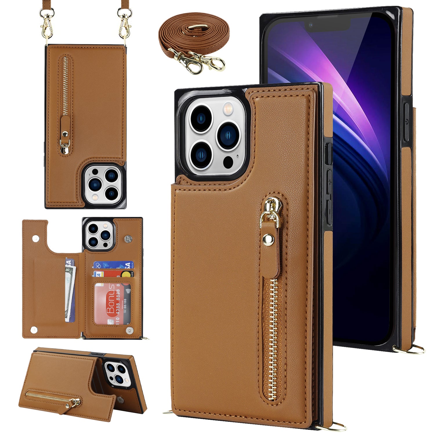 TPU+PU Phone Case for iPhone 15 Pro Anti-Scratch Kickstand Wallet Phone Cover with Shoulder Strap - Brown