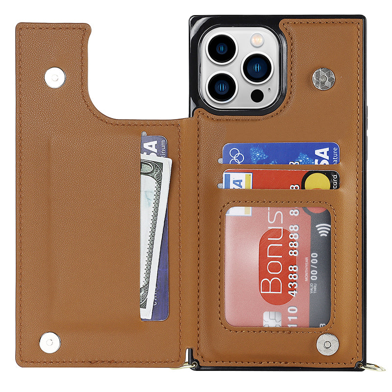 TPU+PU Phone Case for iPhone 15 Pro Anti-Scratch Kickstand Wallet Phone Cover with Shoulder Strap - Brown