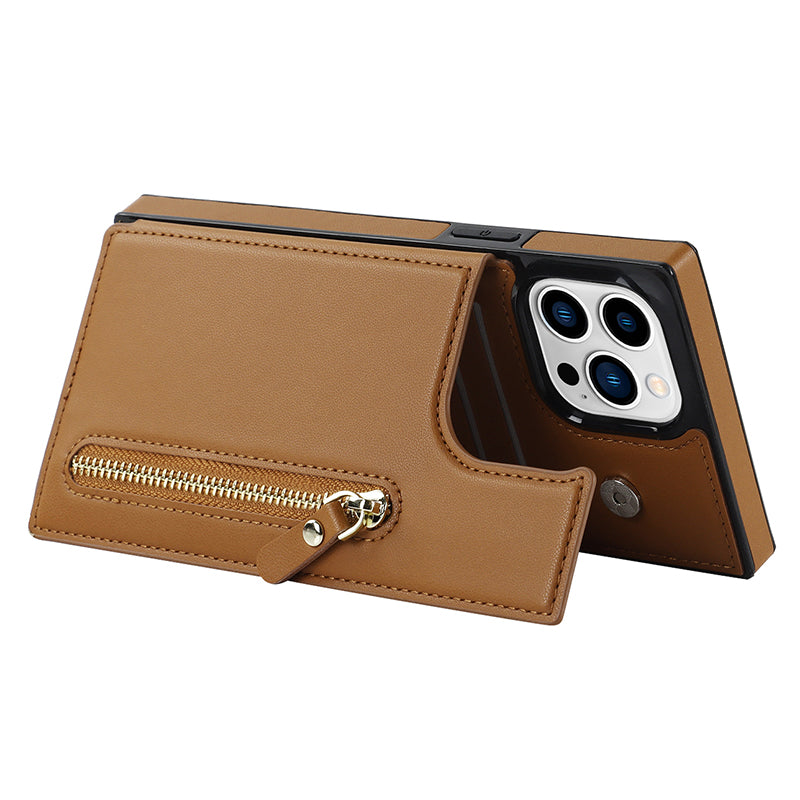 TPU+PU Phone Case for iPhone 15 Pro Anti-Scratch Kickstand Wallet Phone Cover with Shoulder Strap - Brown
