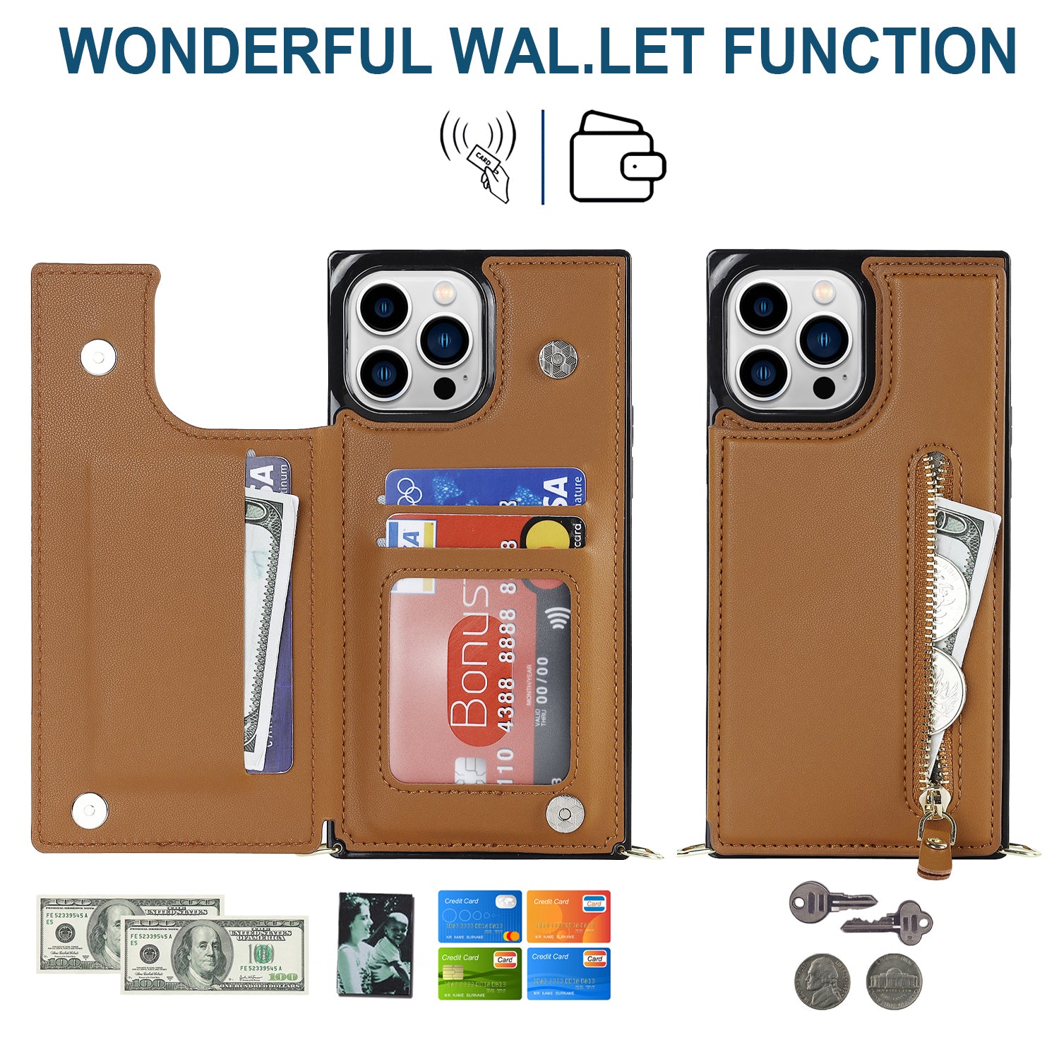 TPU+PU Phone Case for iPhone 15 Pro Anti-Scratch Kickstand Wallet Phone Cover with Shoulder Strap - Brown