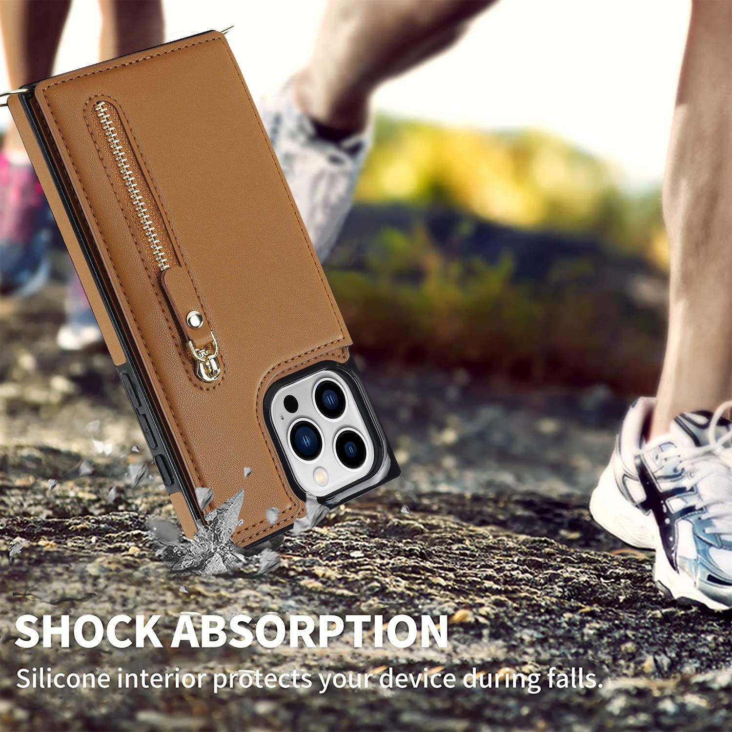 TPU+PU Phone Case for iPhone 15 Pro Anti-Scratch Kickstand Wallet Phone Cover with Shoulder Strap - Brown