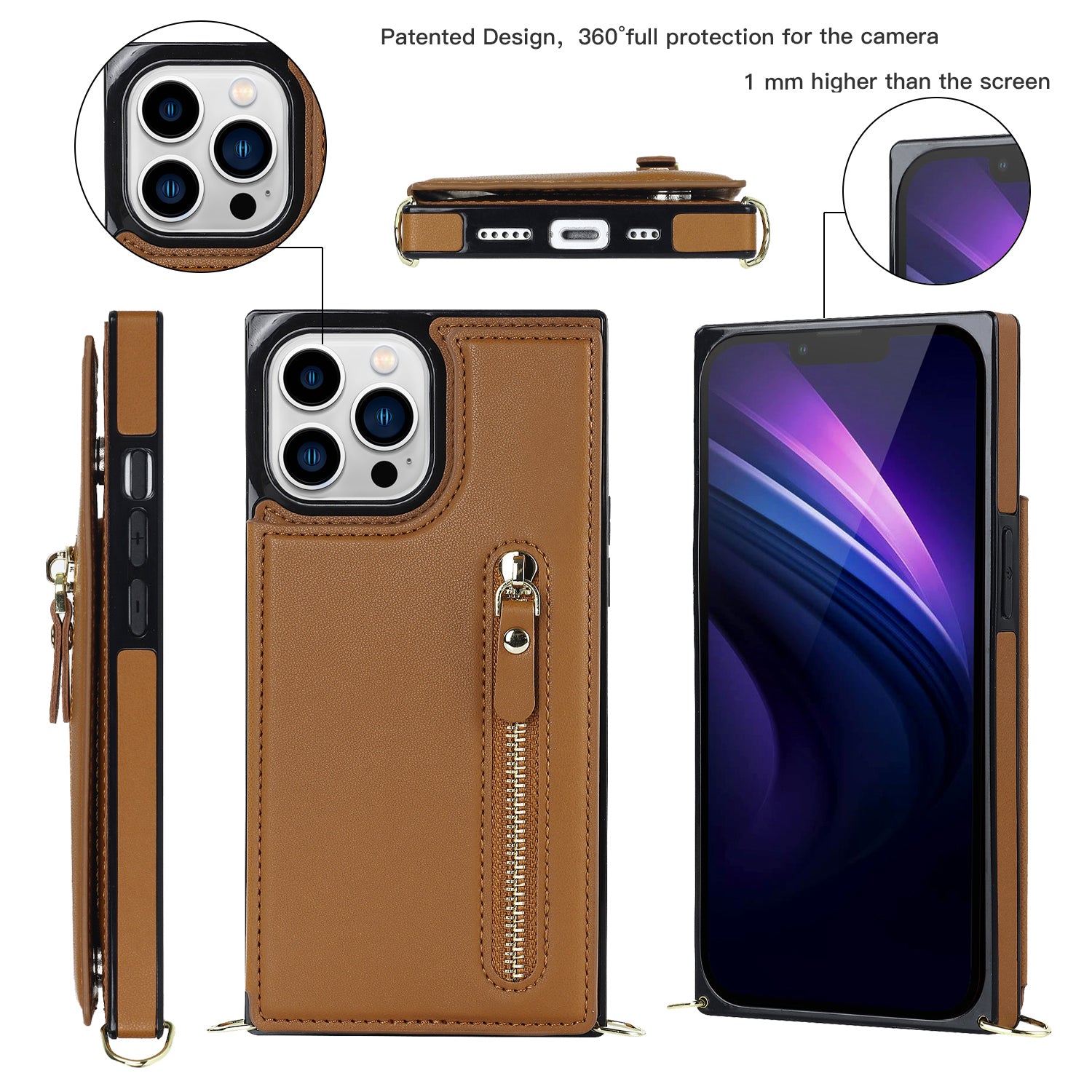 TPU+PU Phone Case for iPhone 15 Pro Anti-Scratch Kickstand Wallet Phone Cover with Shoulder Strap - Brown