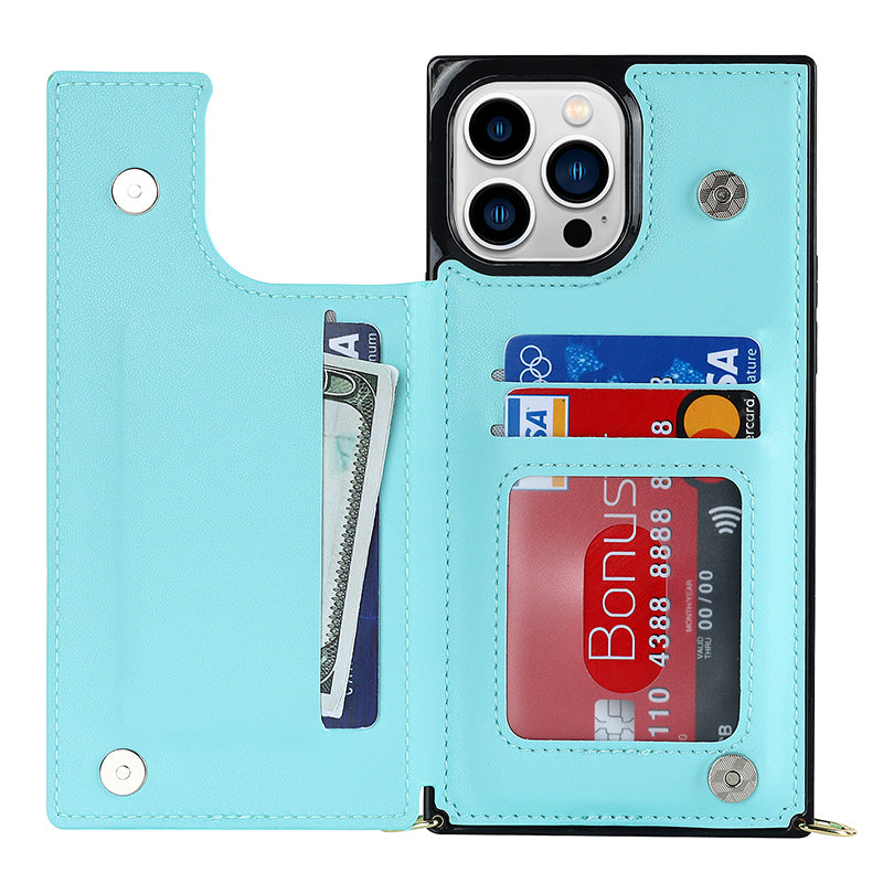 TPU+PU Phone Case for iPhone 15 Pro Anti-Scratch Kickstand Wallet Phone Cover with Shoulder Strap - Green
