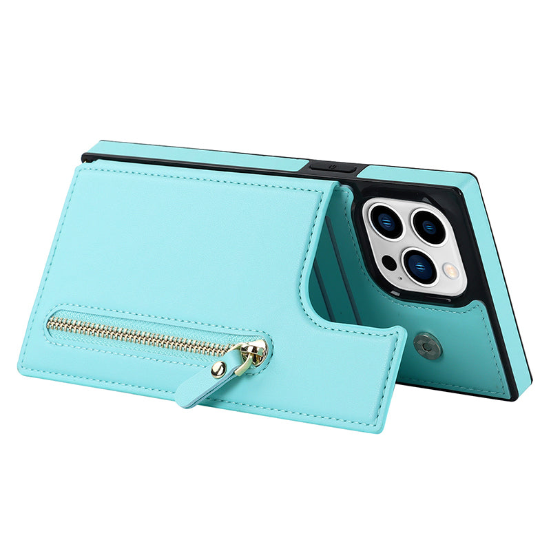TPU+PU Phone Case for iPhone 15 Pro Anti-Scratch Kickstand Wallet Phone Cover with Shoulder Strap - Green