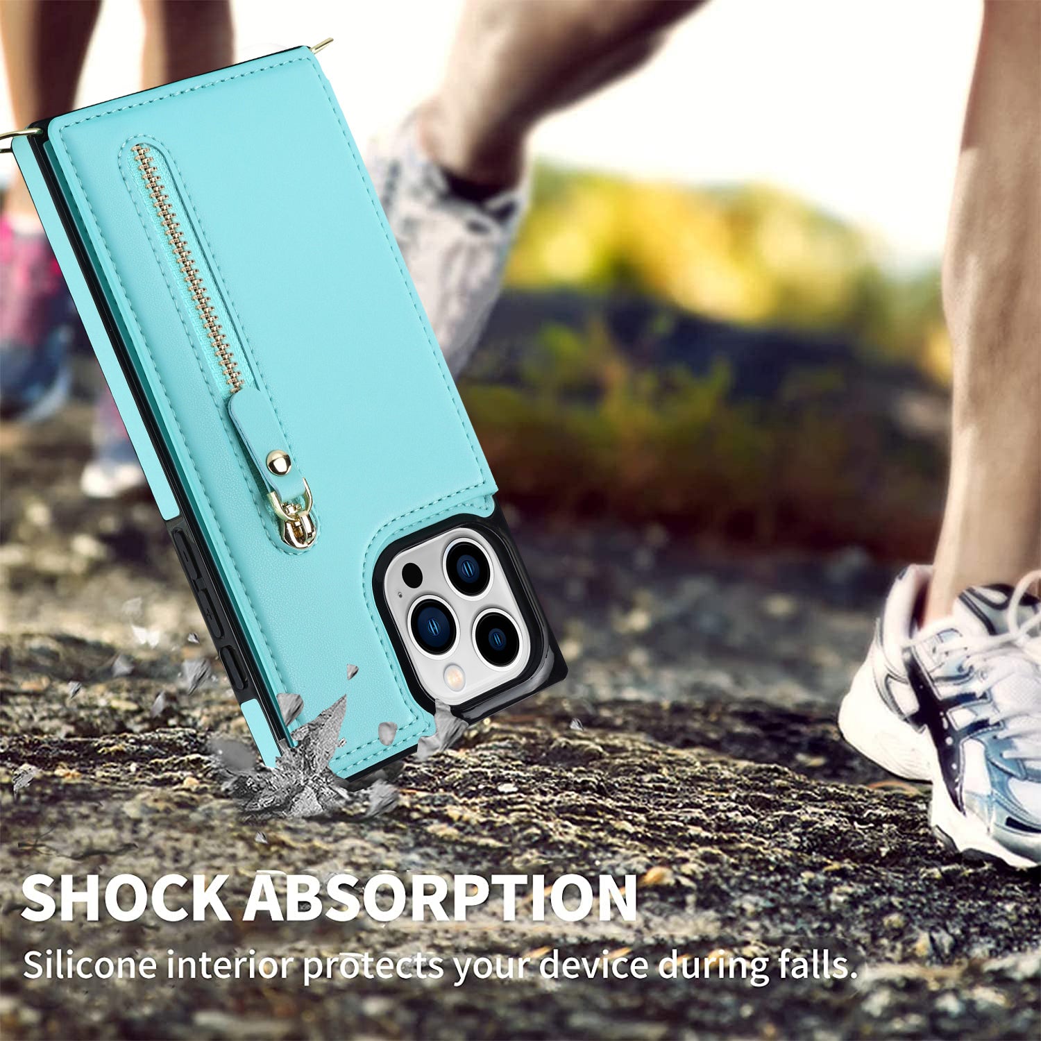 TPU+PU Phone Case for iPhone 15 Pro Anti-Scratch Kickstand Wallet Phone Cover with Shoulder Strap - Green