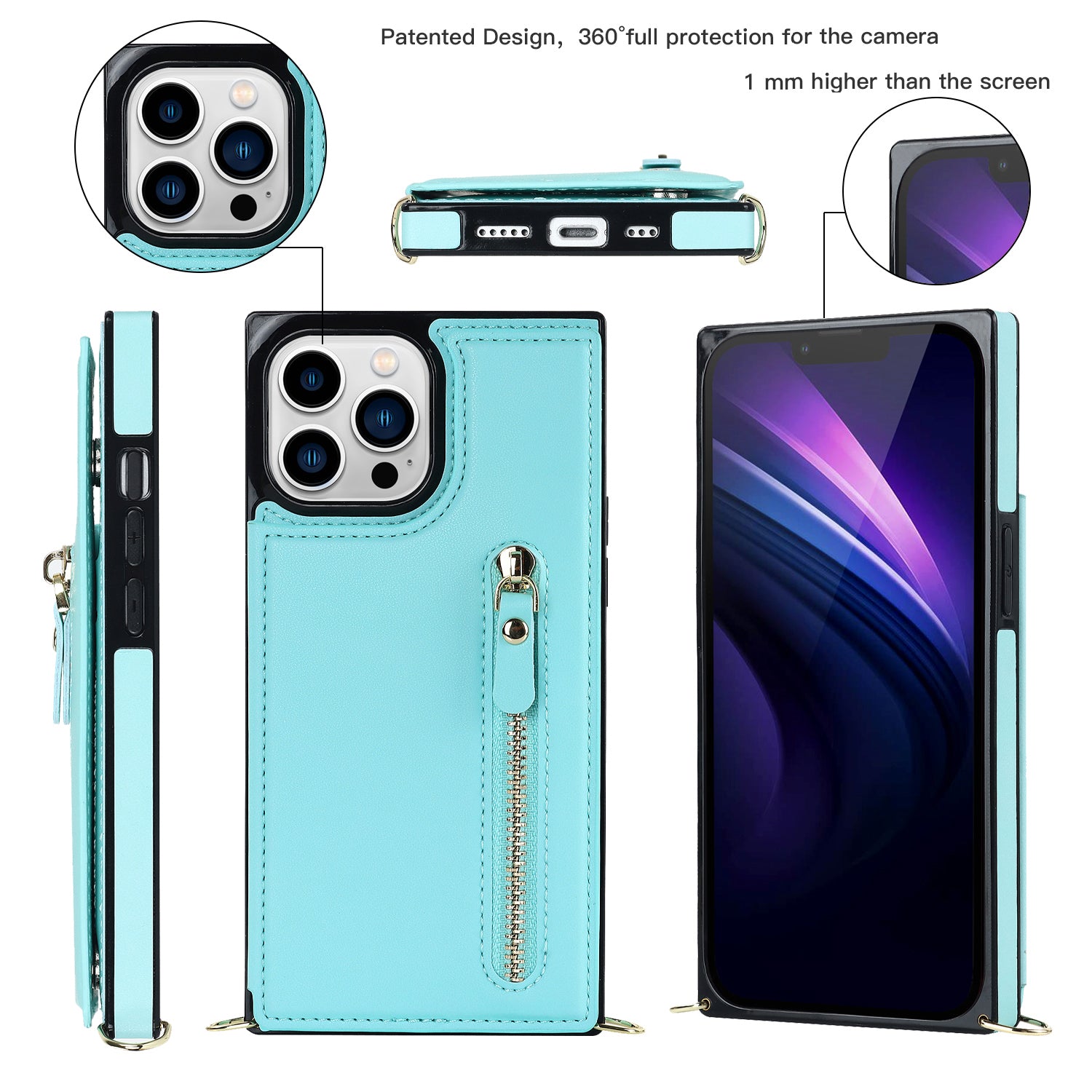 TPU+PU Phone Case for iPhone 15 Pro Anti-Scratch Kickstand Wallet Phone Cover with Shoulder Strap - Green