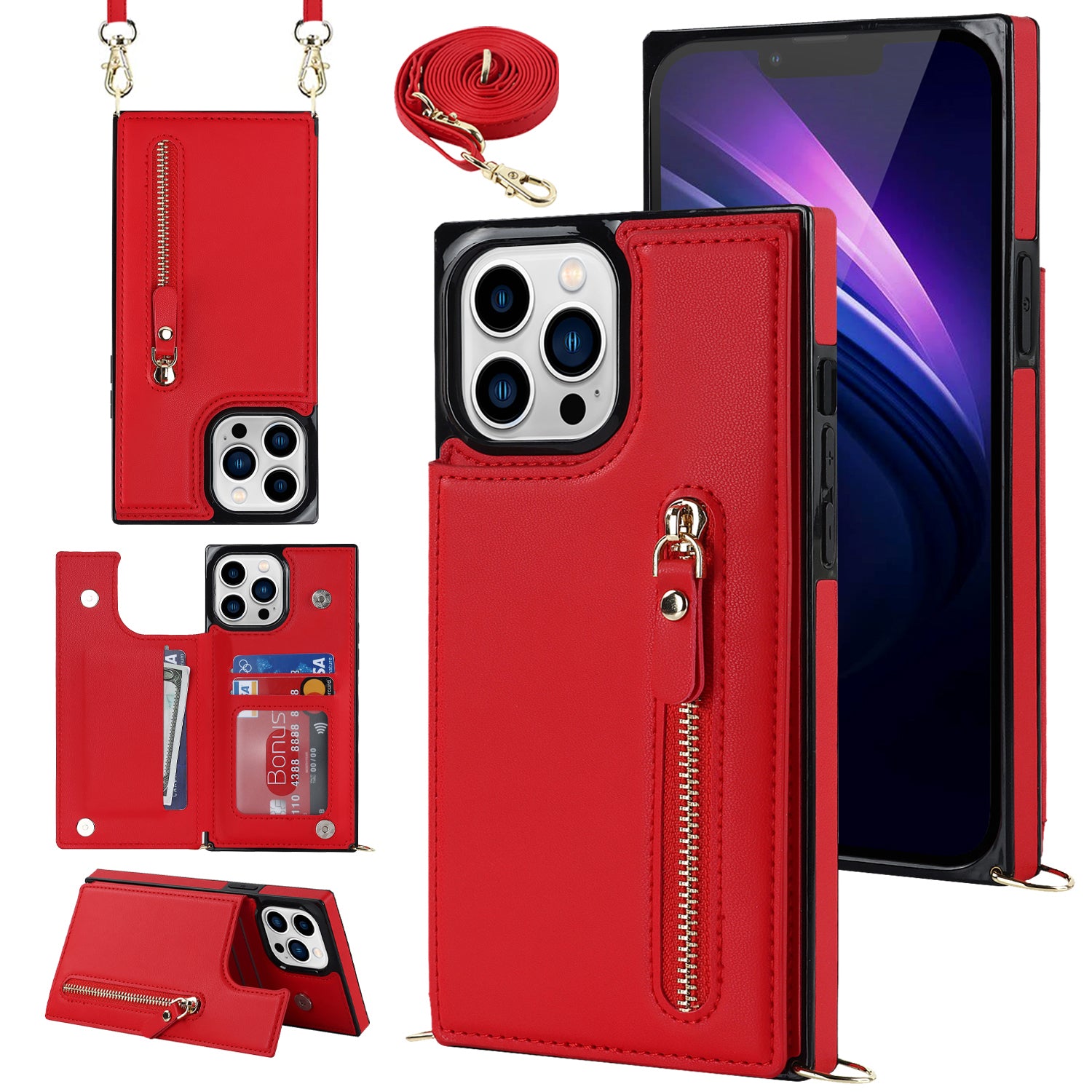 TPU+PU Phone Case for iPhone 15 Pro Anti-Scratch Kickstand Wallet Phone Cover with Shoulder Strap - Red