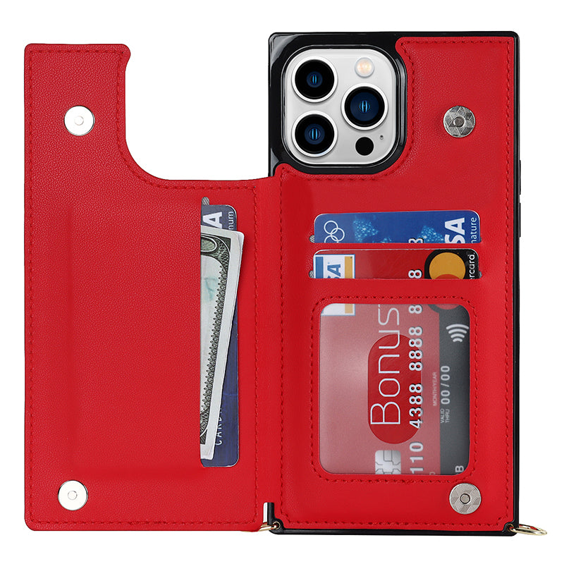TPU+PU Phone Case for iPhone 15 Pro Anti-Scratch Kickstand Wallet Phone Cover with Shoulder Strap - Red