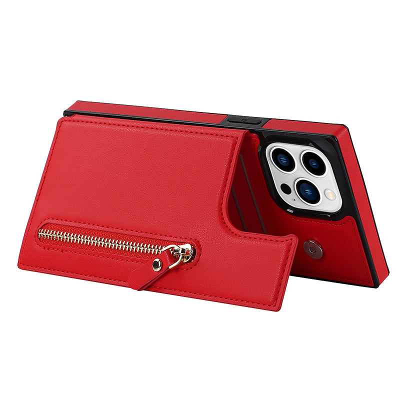 TPU+PU Phone Case for iPhone 15 Pro Anti-Scratch Kickstand Wallet Phone Cover with Shoulder Strap - Red