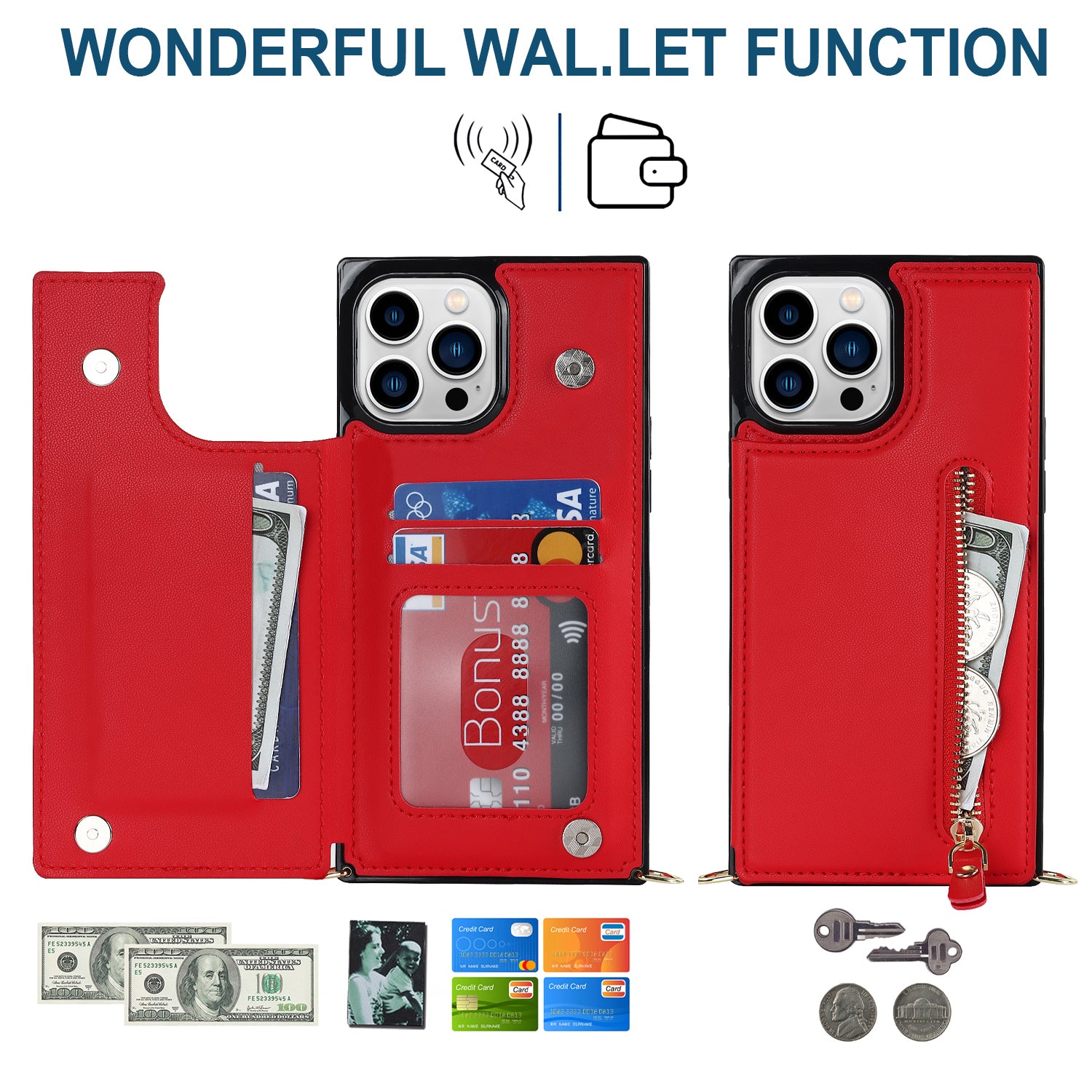 TPU+PU Phone Case for iPhone 15 Pro Anti-Scratch Kickstand Wallet Phone Cover with Shoulder Strap - Red