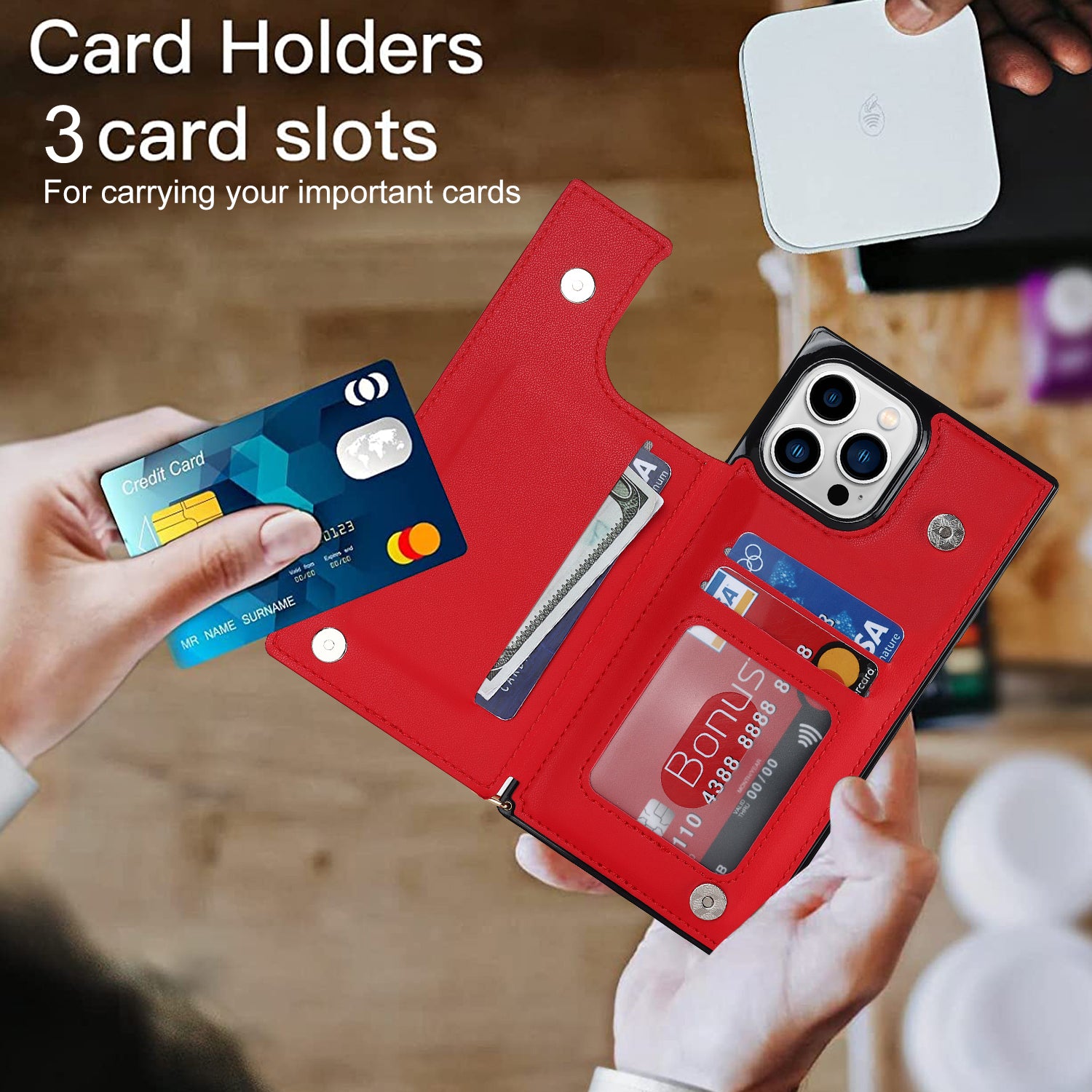 TPU+PU Phone Case for iPhone 15 Pro Anti-Scratch Kickstand Wallet Phone Cover with Shoulder Strap - Red