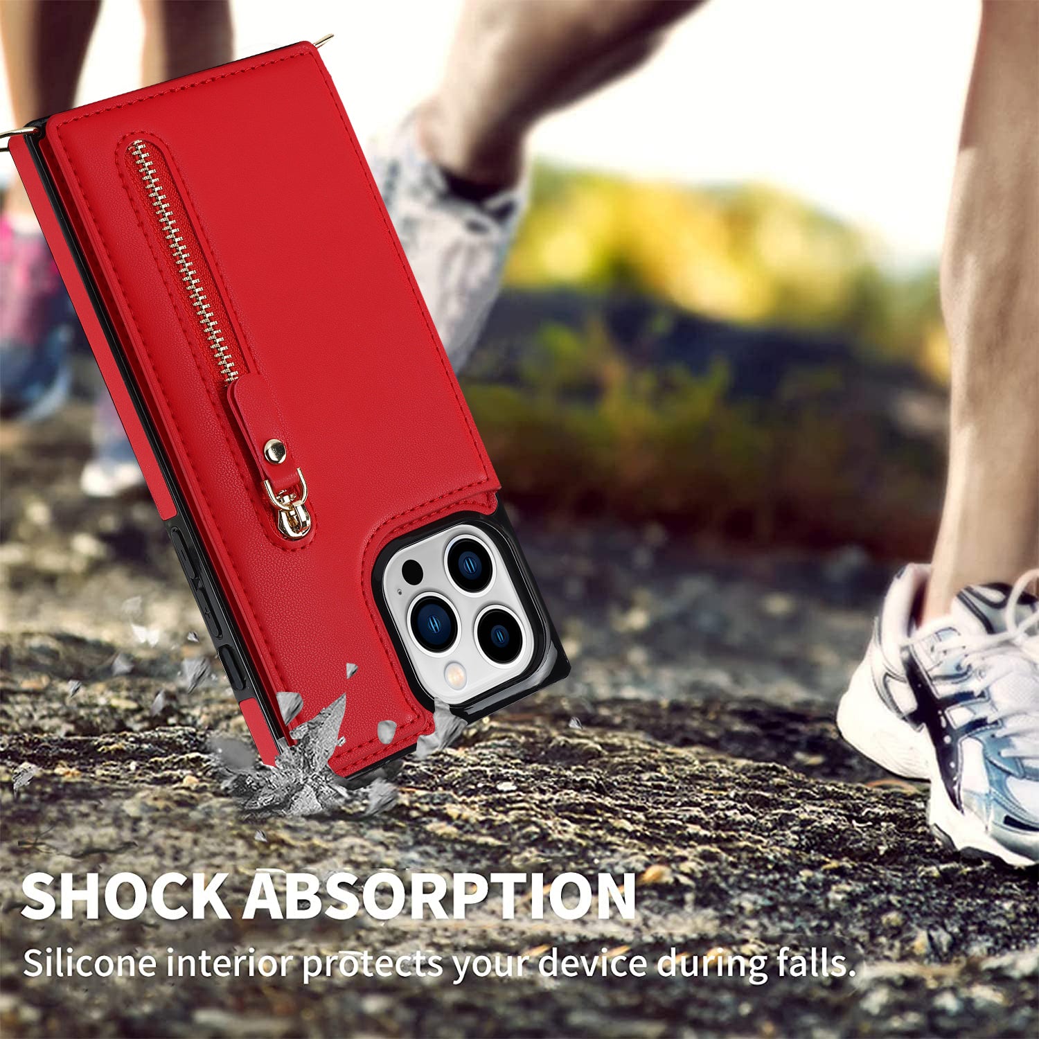 TPU+PU Phone Case for iPhone 15 Pro Anti-Scratch Kickstand Wallet Phone Cover with Shoulder Strap - Red