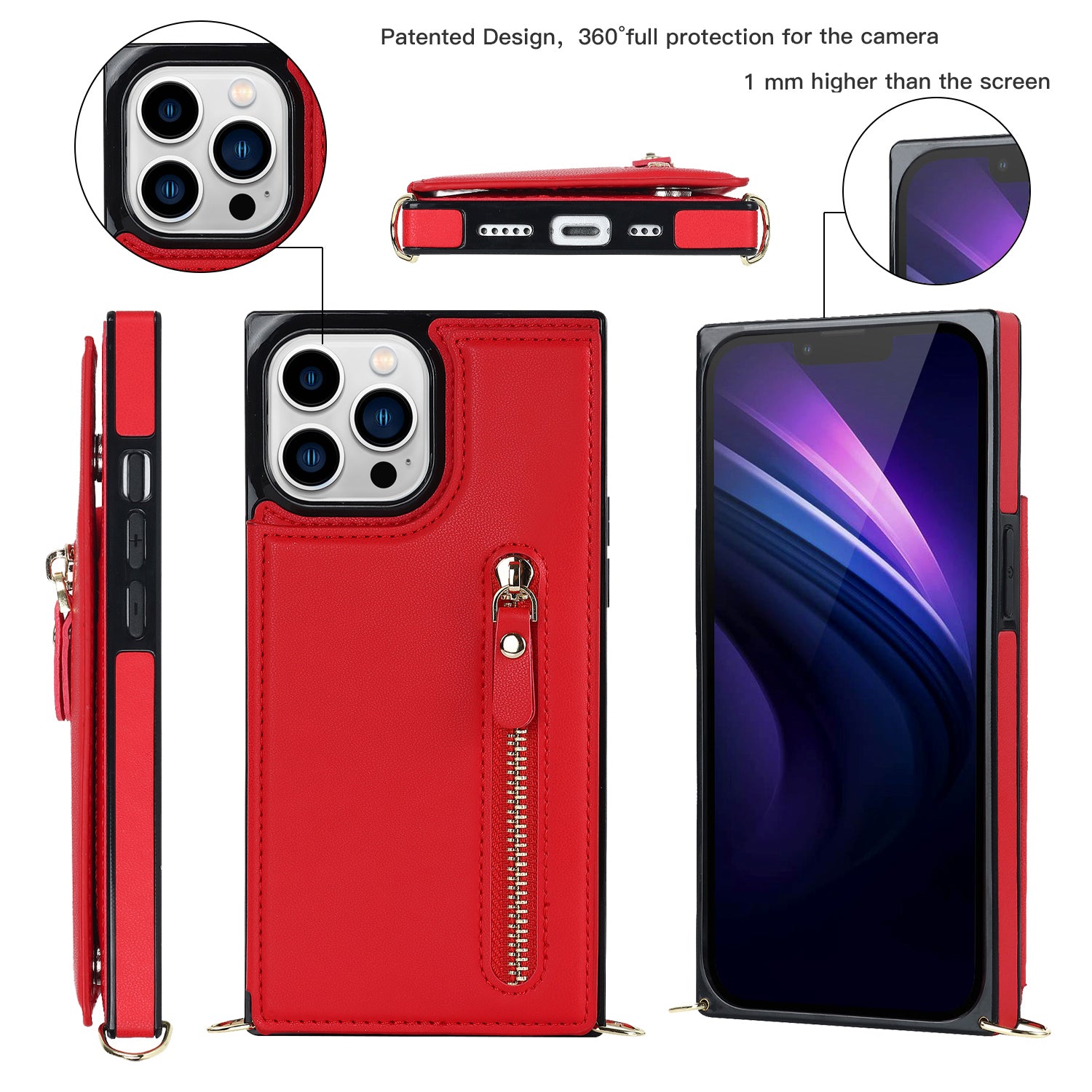 TPU+PU Phone Case for iPhone 15 Pro Anti-Scratch Kickstand Wallet Phone Cover with Shoulder Strap - Red