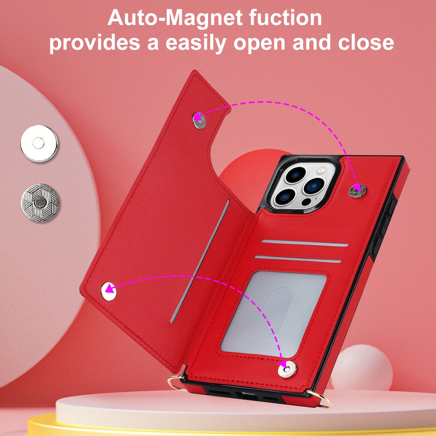 TPU+PU Phone Case for iPhone 15 Pro Anti-Scratch Kickstand Wallet Phone Cover with Shoulder Strap - Red
