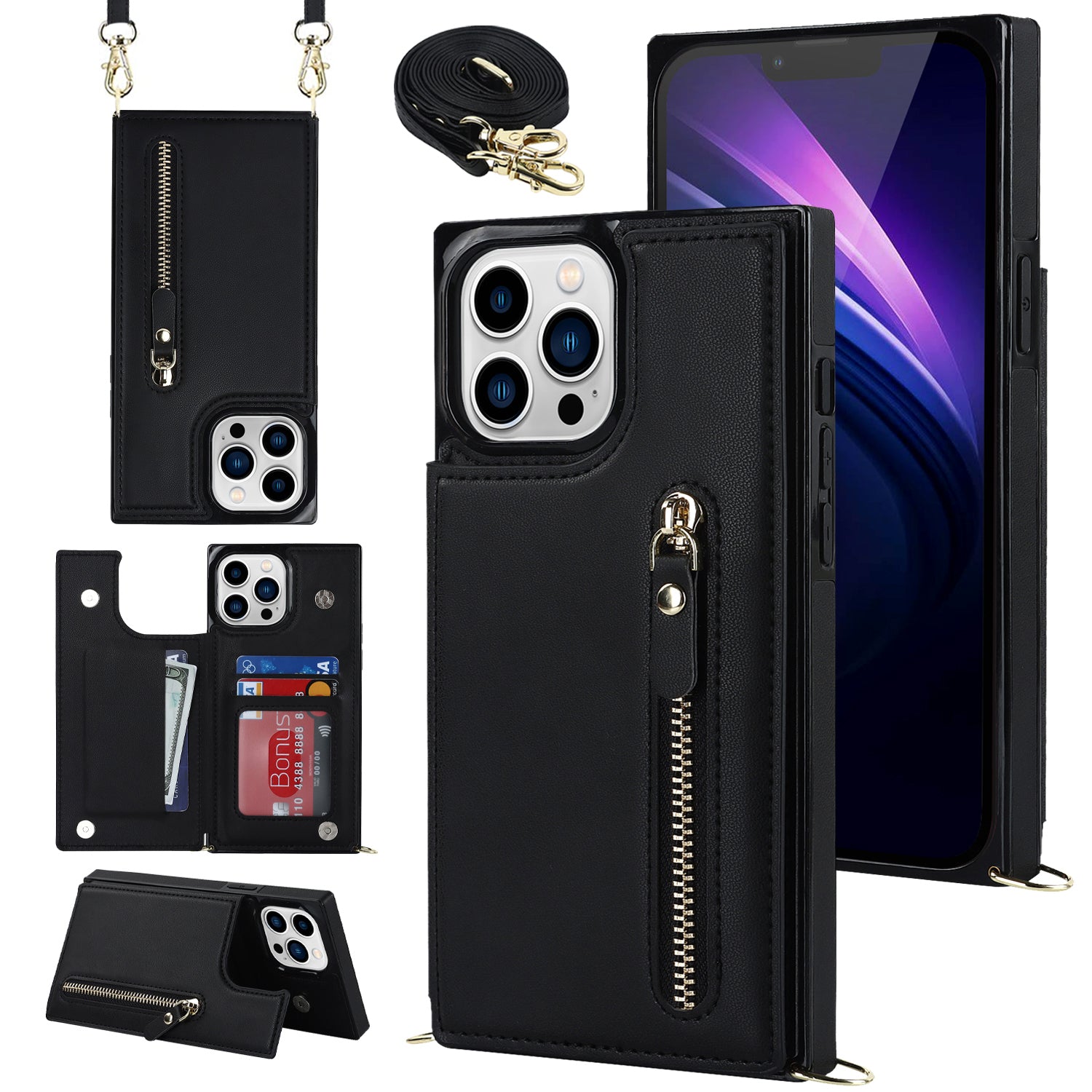 TPU+PU Phone Case for iPhone 15 Pro Anti-Scratch Kickstand Wallet Phone Cover with Shoulder Strap - Black
