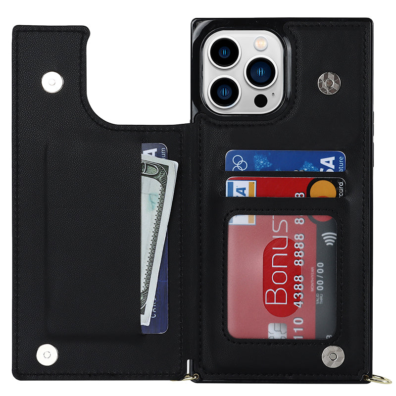 TPU+PU Phone Case for iPhone 15 Pro Anti-Scratch Kickstand Wallet Phone Cover with Shoulder Strap - Black